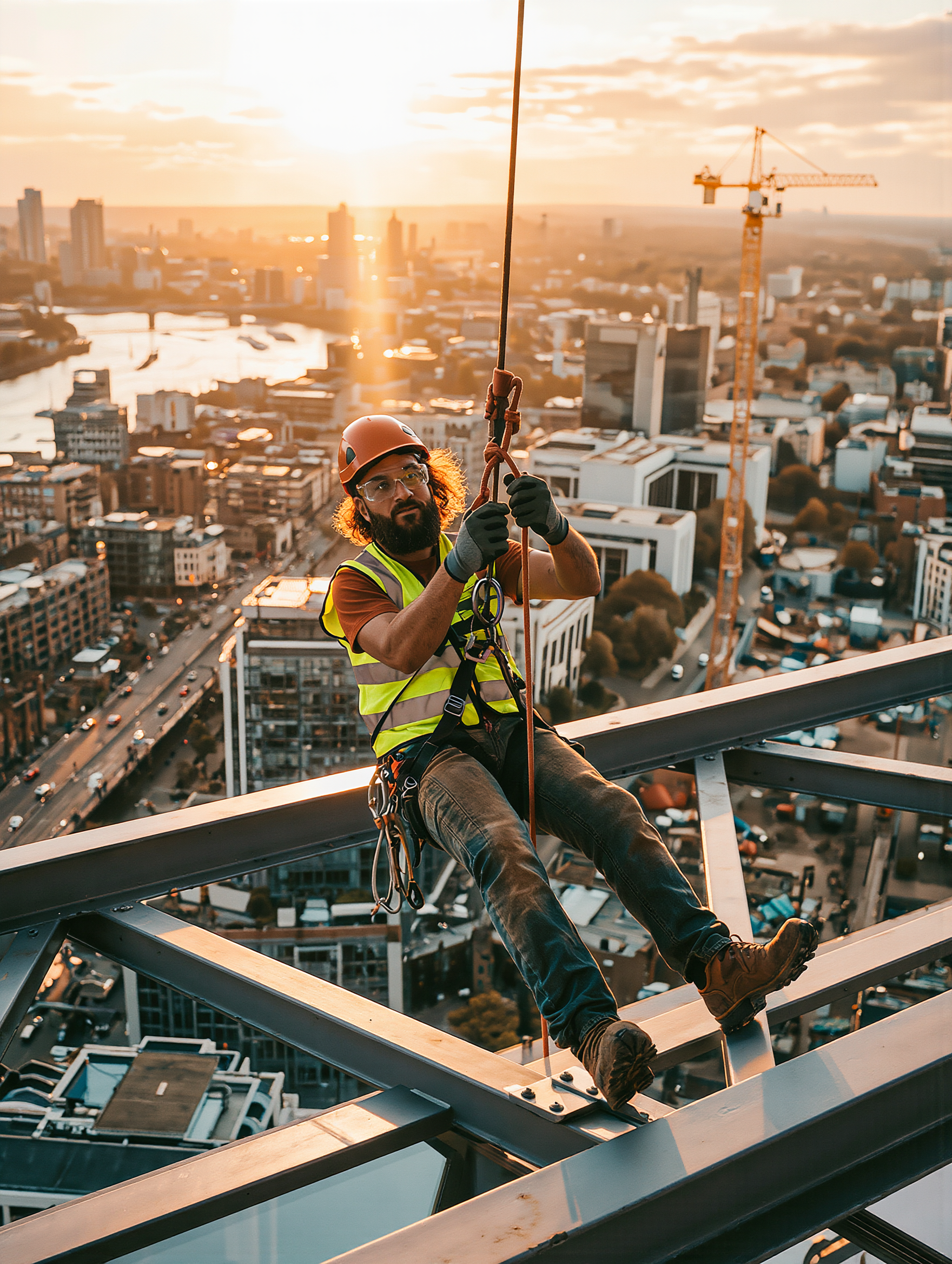 A construction worker with a helmet and safety glasses is rappelling down a tall building at sunset, with a city skyline and a crane in the background.