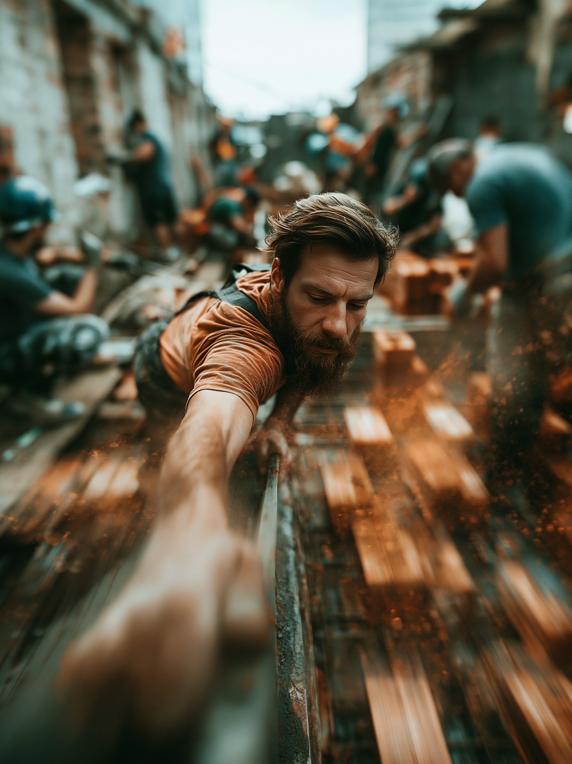 A man with a beard and brown shirt holding a tool as sparks fly while working with metal in a busy workshop with other people working in the background.
