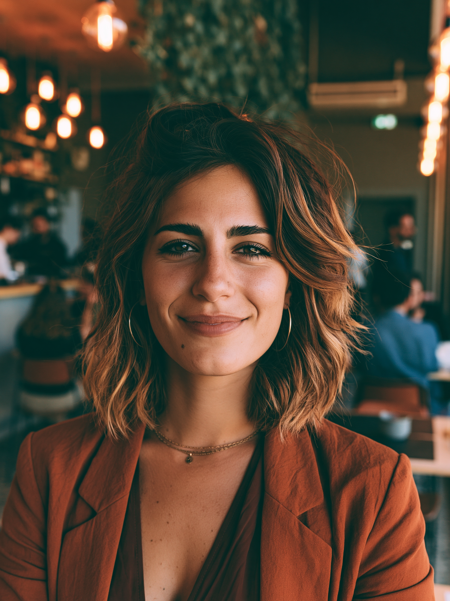 Portrait of a young woman with wavy hair smiling in a cozy cafe with warm lighting and blurred background of other people.