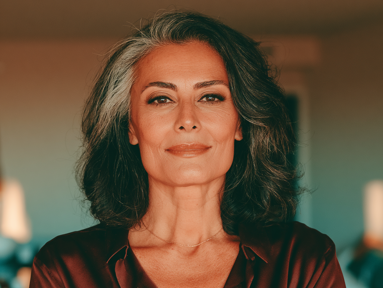 Close-up of an elegant middle-aged woman with gray and dark hair, smiling with a confident expression, indoors with a blurred background.