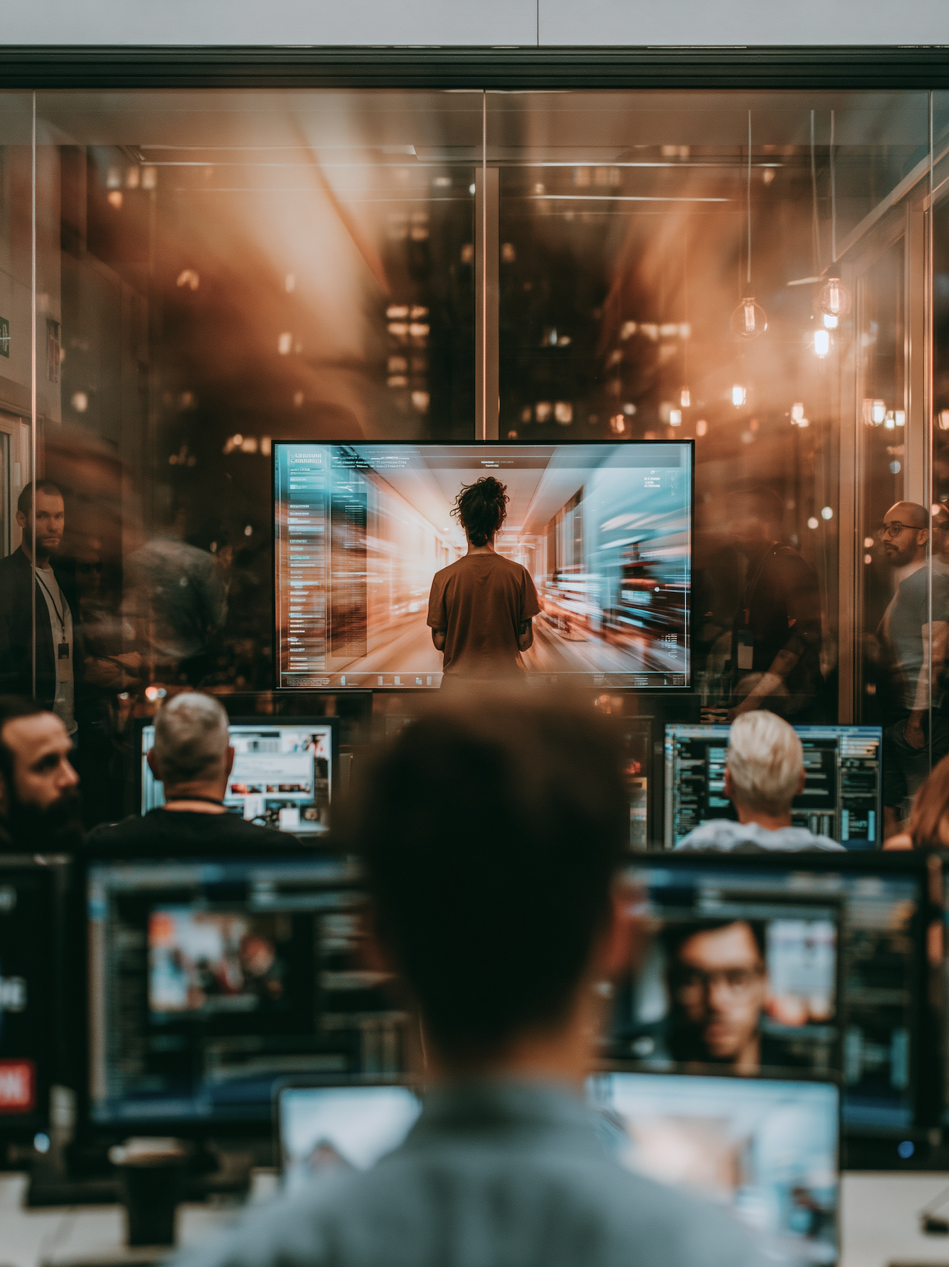 People working at computers in a control room or command center with a large screen displaying a person standing in a corridor projected on the wall behind them.