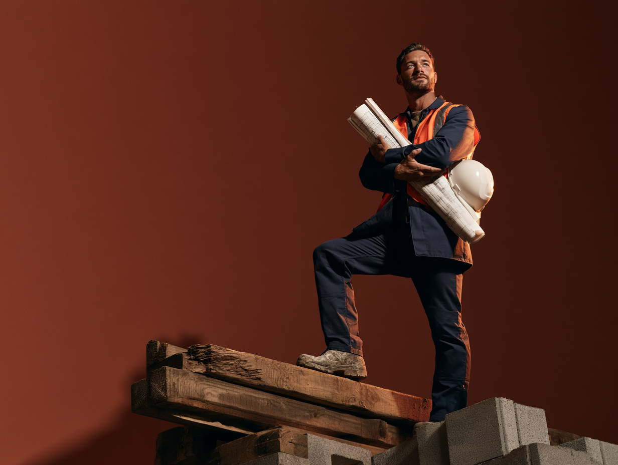 A man in a construction worker outfit standing on wooden beams and holding rolled blueprints and a white helmet, against a plain background.