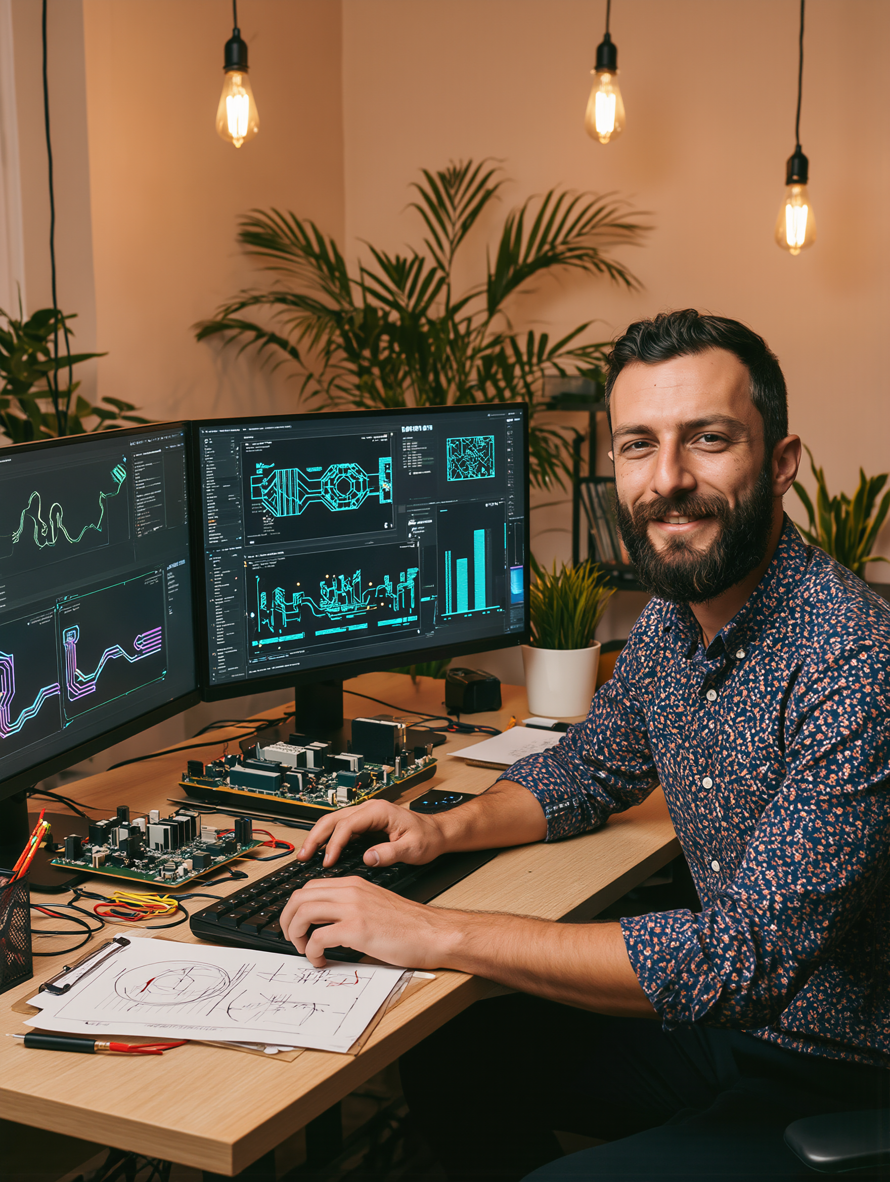 A man working at a desk with multiple monitors displaying technical graphics and charts, involving circuit boards and digital diagrams, with a notebook, pens, and schematic sketches on the desk, illuminated by warm pendant lights, in a modern, plant-decorated office.