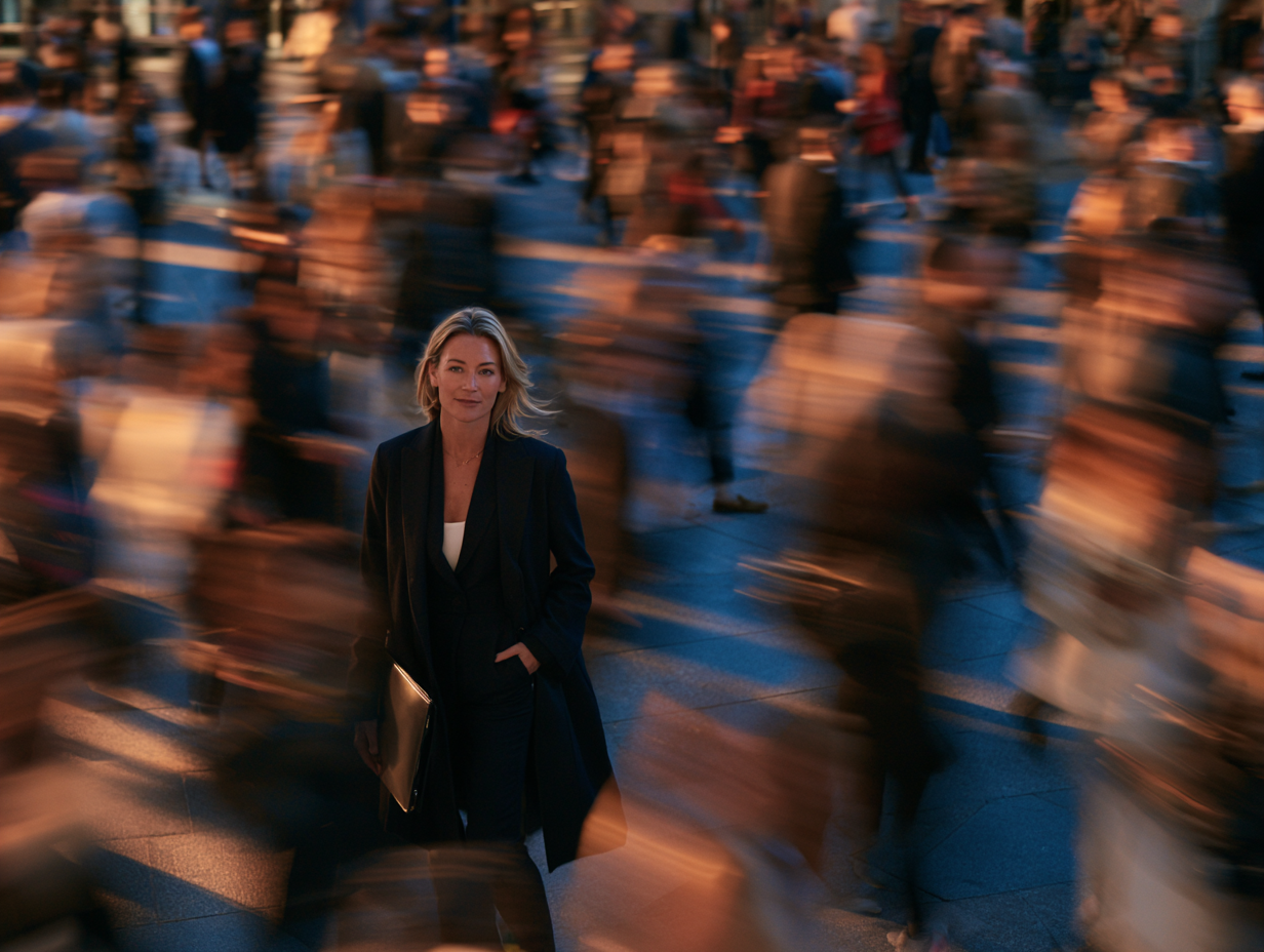 A woman in business attire stands out amidst a blurry crowd of people walking outdoors during sunset.