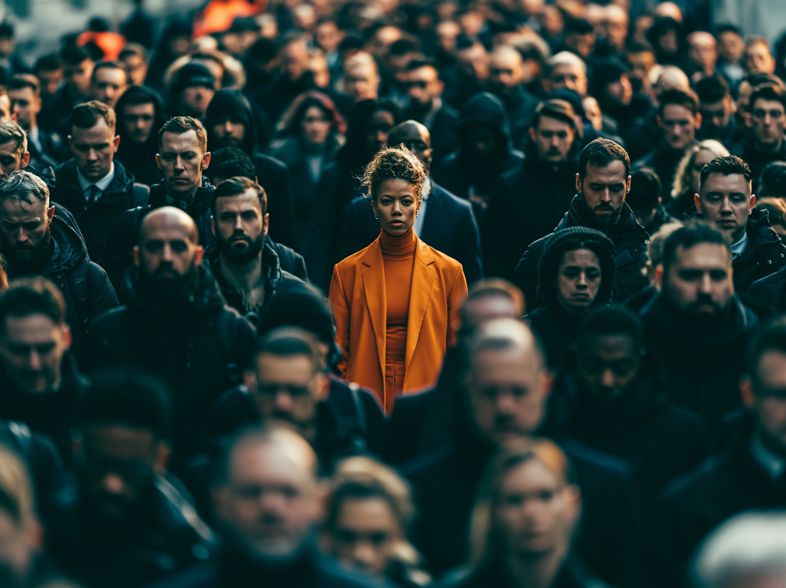 A crowd of people walking outdoors, with one woman in a bright orange blazer standing out in the center.