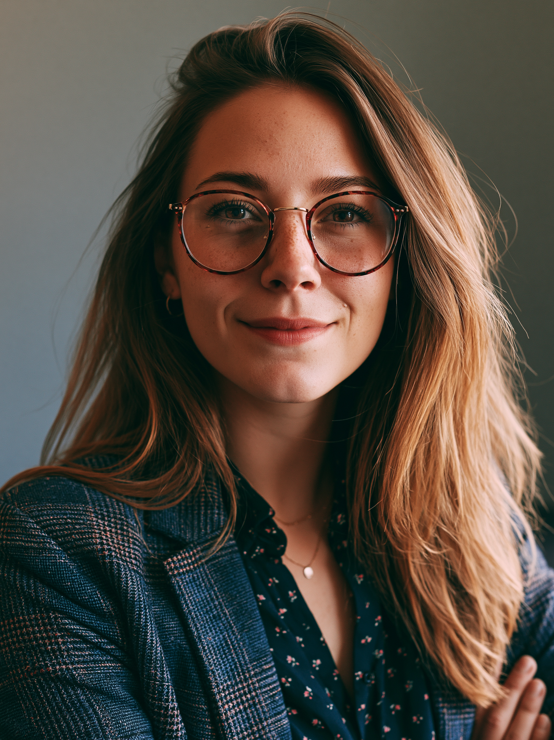 Portrait of a smiling young woman with long, wavy red hair, wearing round tortoiseshell glasses, a blue plaid blazer, and a dark blouse with small floral patterns, against a gray background.