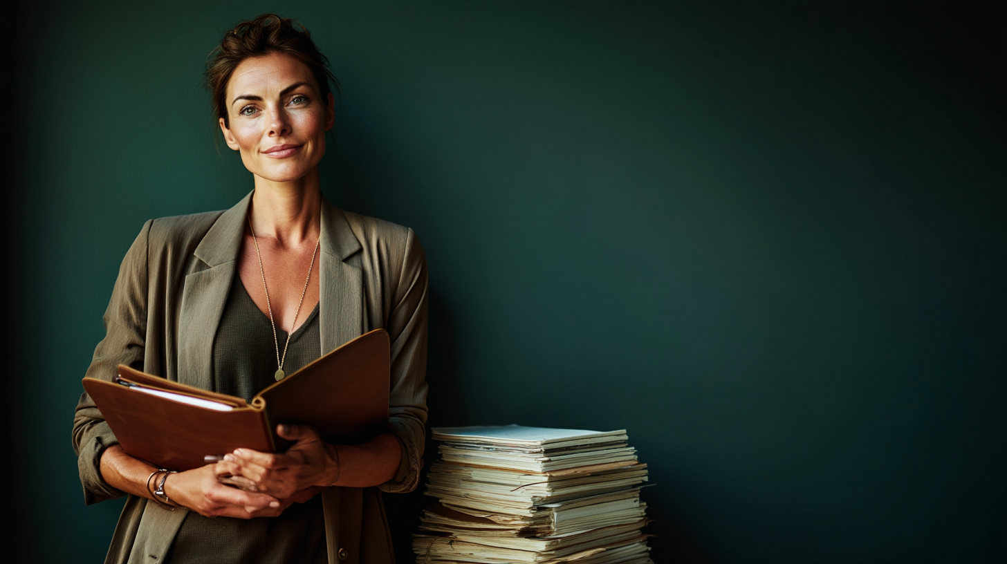 A woman with short hair, dressed in a blazer and top, holding an open brown folder, standing next to a stack of files against a dark green wall.