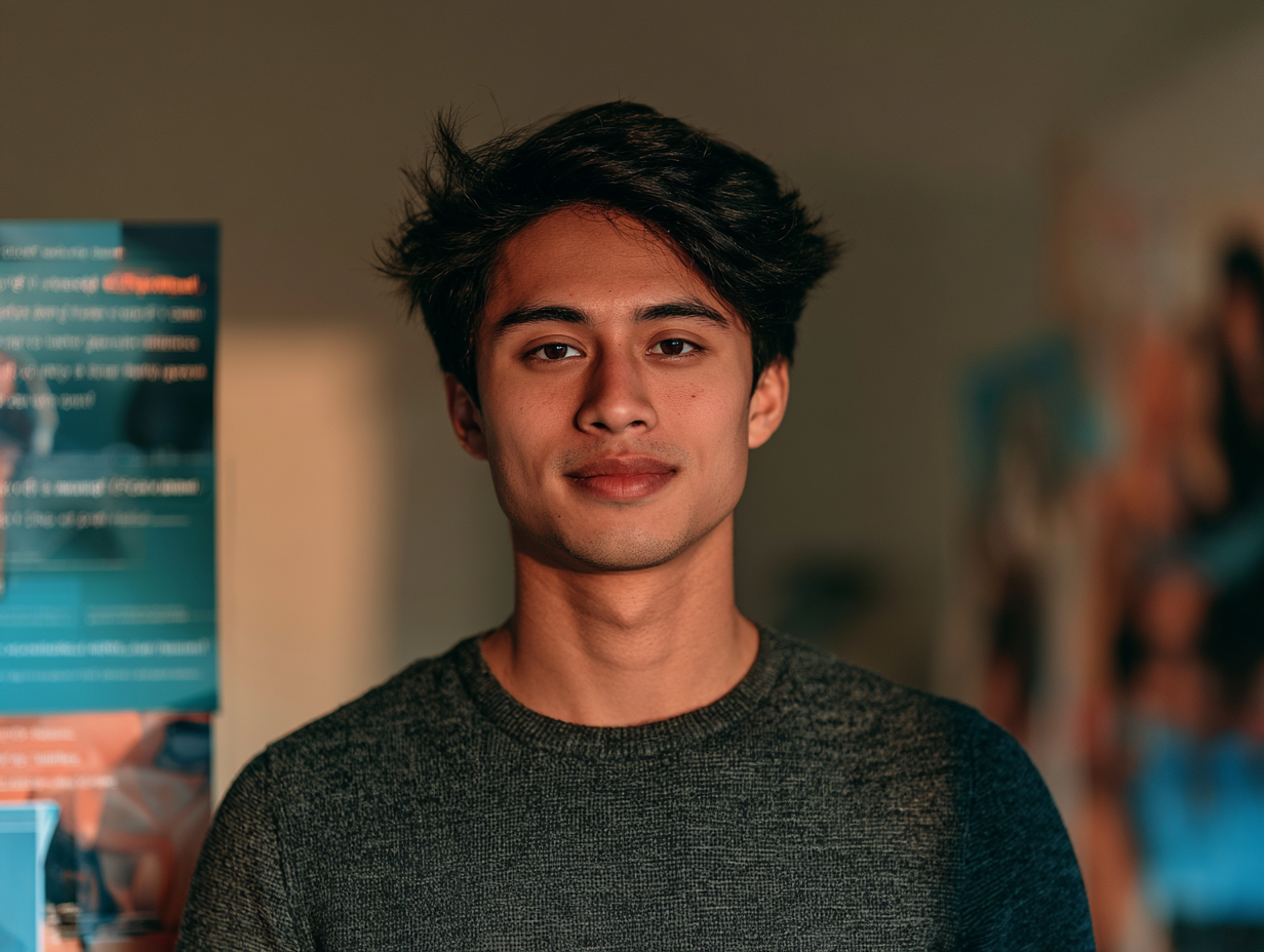 Portrait of a young man with dark hair and fair skin, wearing a dark textured shirt, standing indoors with a blurred background.