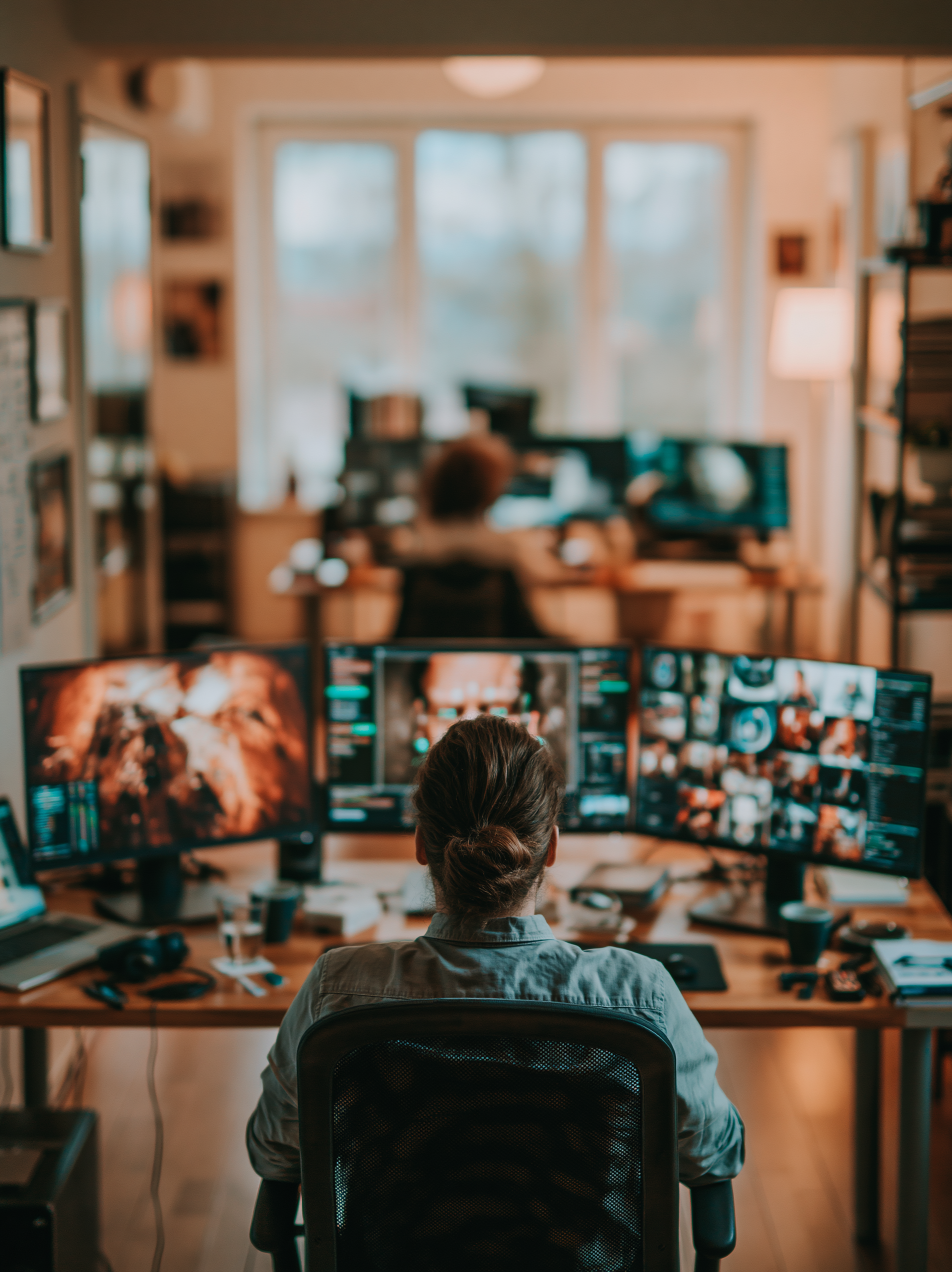 Person sitting at a desk with three monitors displaying digital images or video editing software in a home office. In the background, another person is working at a desk with a computer, near a large window with blinds.