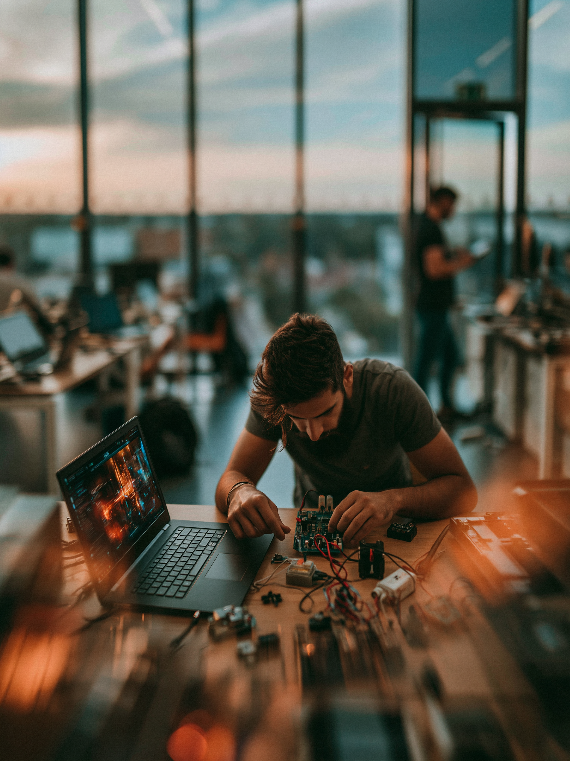 Young man working on electronics project at a cluttered table with a laptop, various circuit boards, and wires in a bright, modern room with large windows.