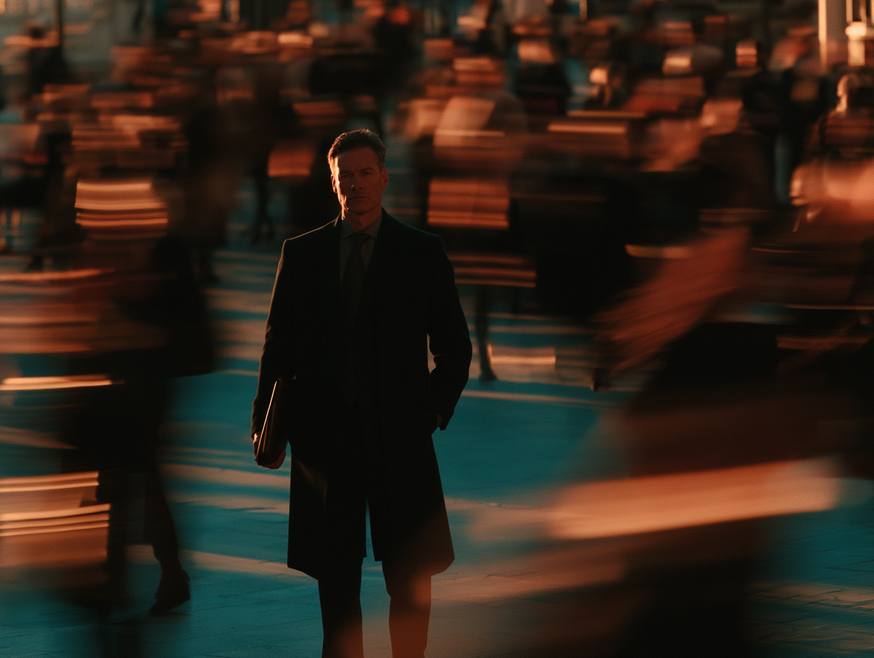 A man in a dark suit holding a folder stands amidst a blurred crowd of people inside a building, illuminated by dim, warm lighting.