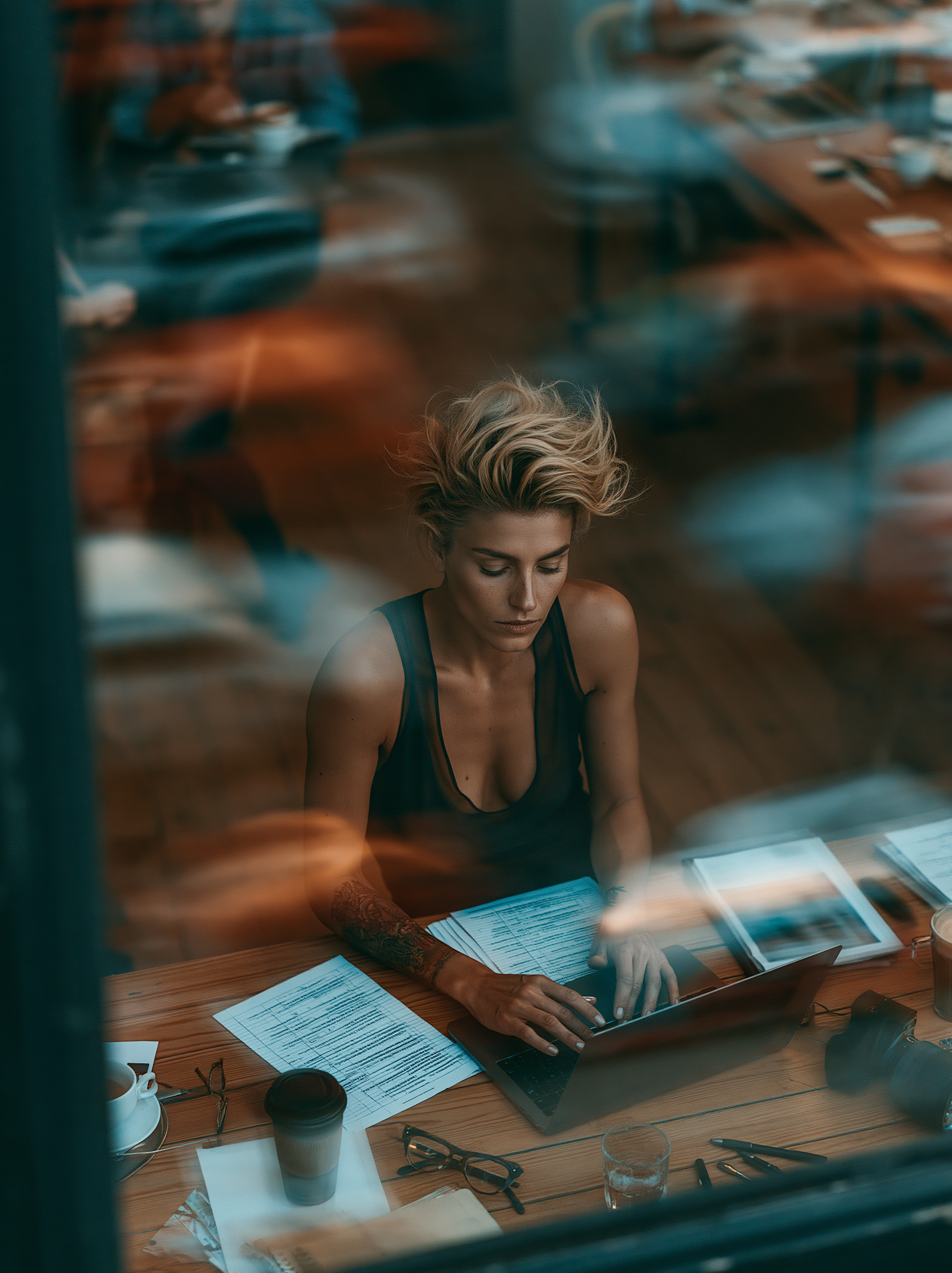 A woman with short, blonde hair reads and works on her laptop at a wooden desk, surrounded by papers, eyeglasses, a coffee cup, a pen, and a glass of water, through a window.