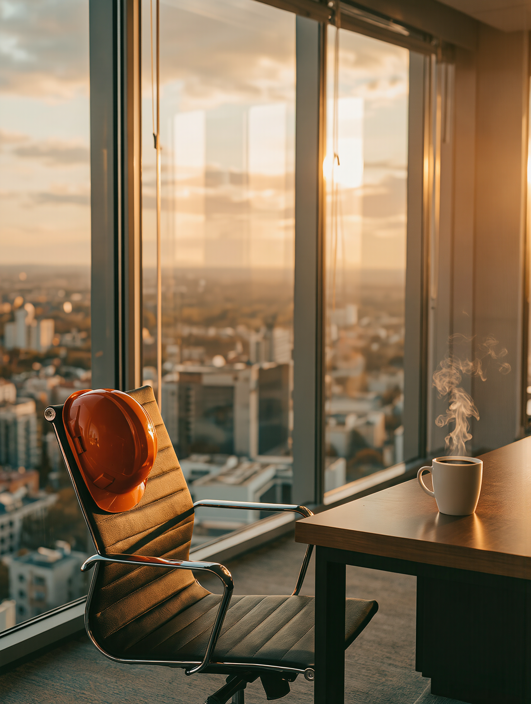 Office workspace with a brown leather chair that has an orange safety helmet hanging on the backrest, a white cup of coffee on a wooden desk, and large windows showing a cityscape at sunset.