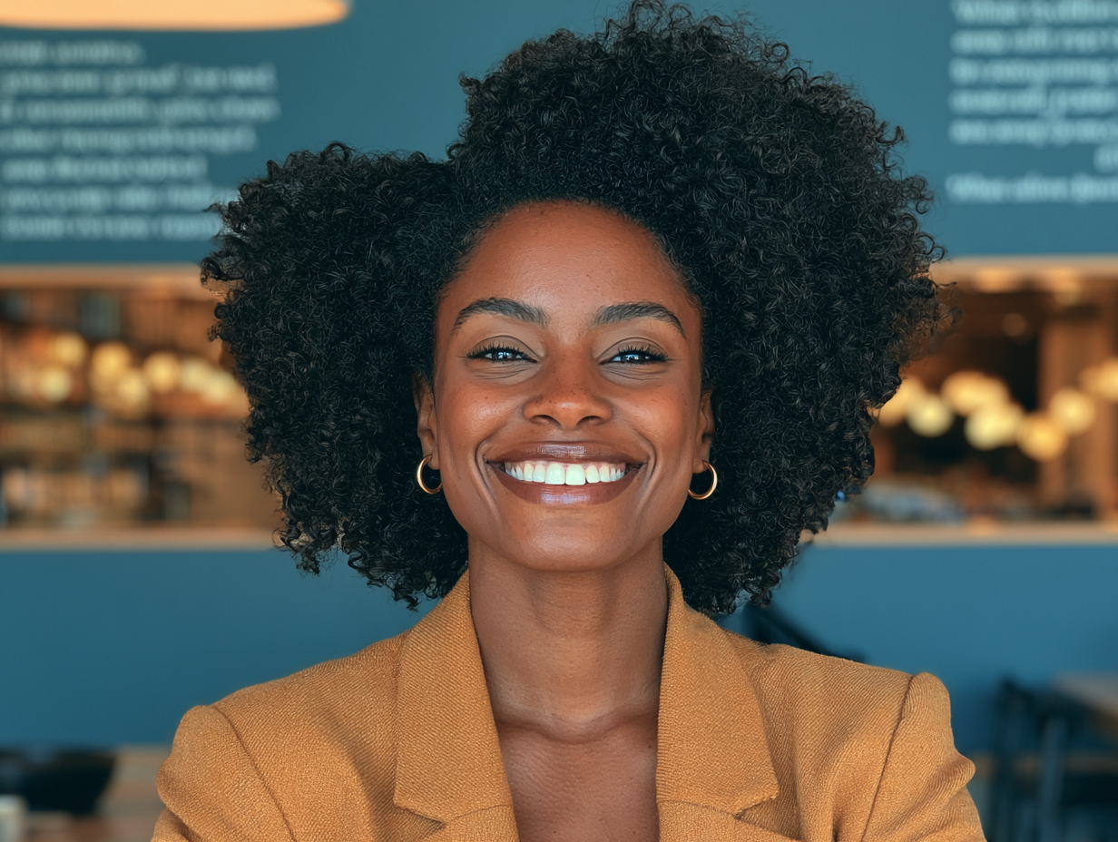 A smiling Black woman with natural curly hair, wearing a tan blazer and hoop earrings, sitting in a cafe with a blurred background.