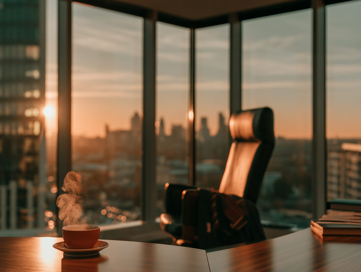 Office with a steaming cup of coffee on the desk, an ergonomic chair, and large windows showing a city skyline at sunset.