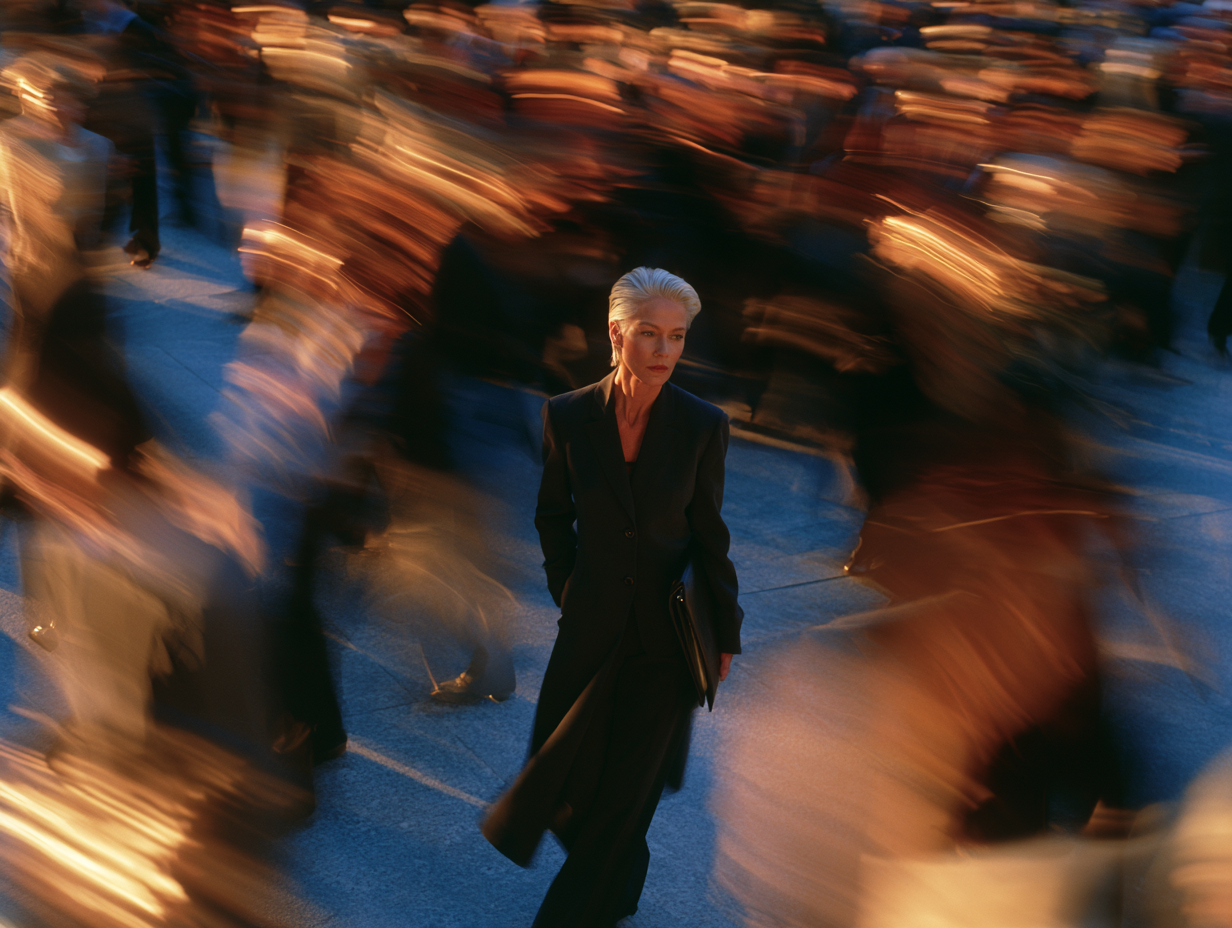 A woman with short gray hair, dressed in a dark suit and holding a folder, walking through a busy crowd with blurred motion around her.