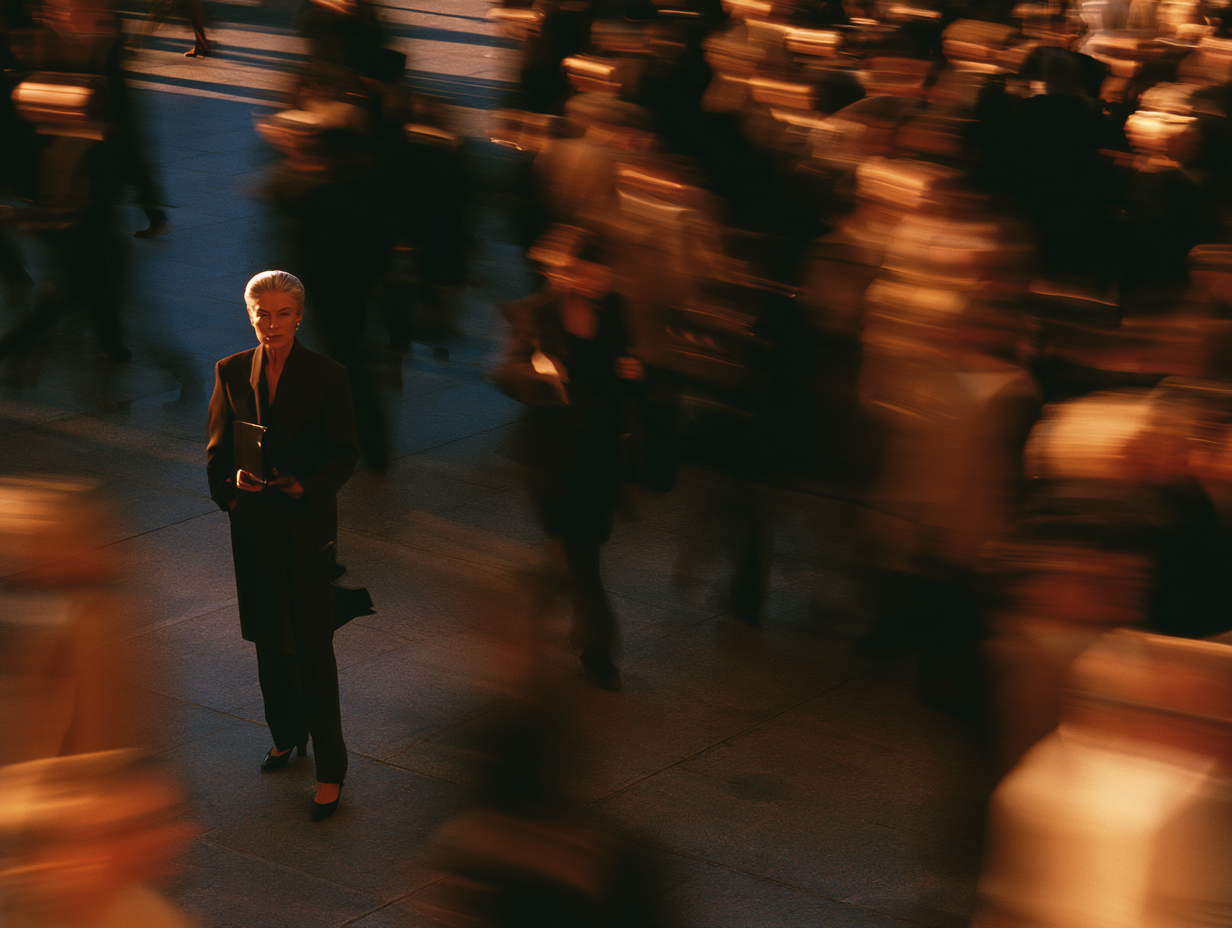 A woman in a black suit stands alone amidst a blurry crowd during sunset in an urban setting.
