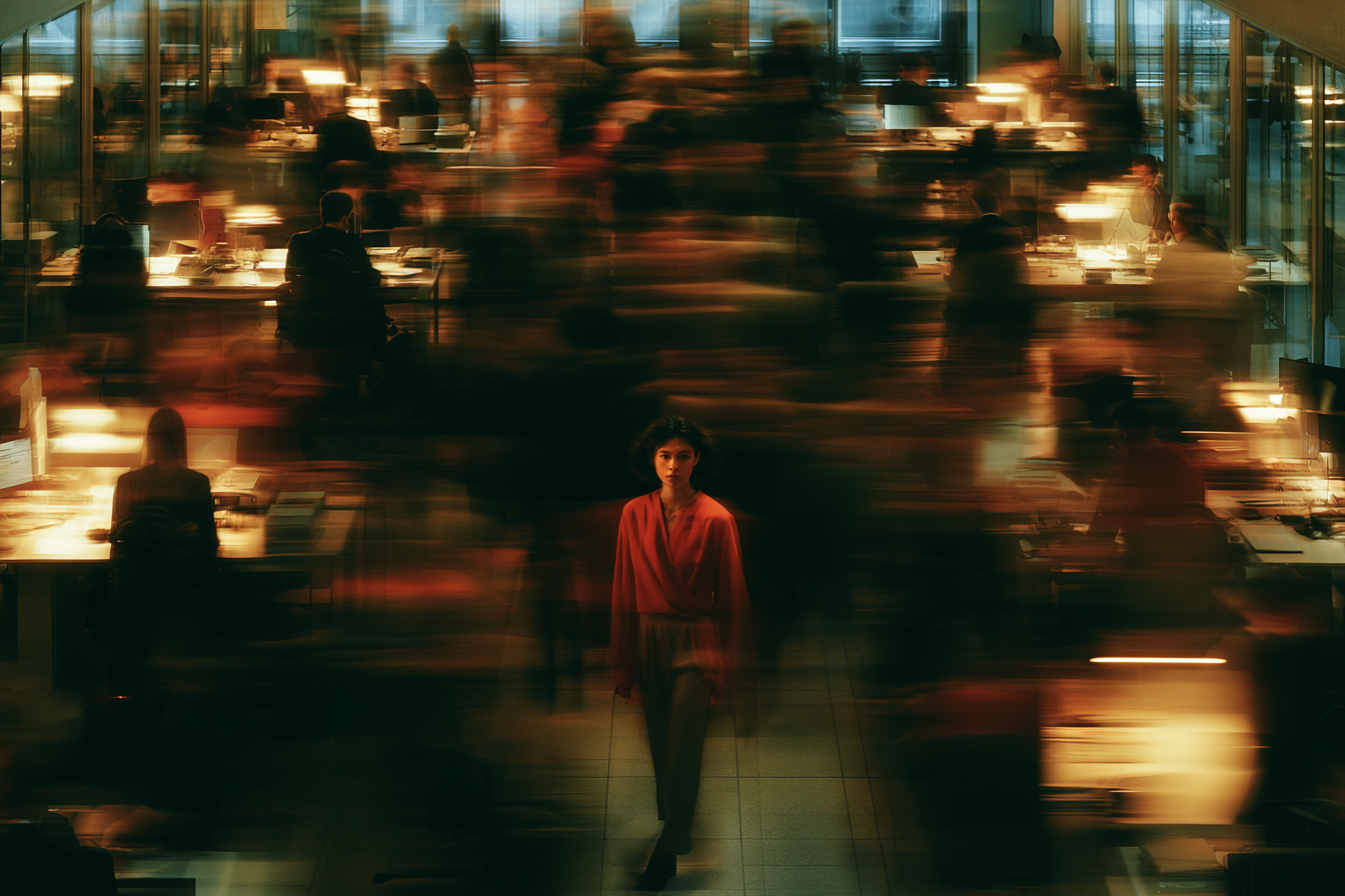 A woman in a red blouse walking through a busy office with blurred motion of other people working at desks.