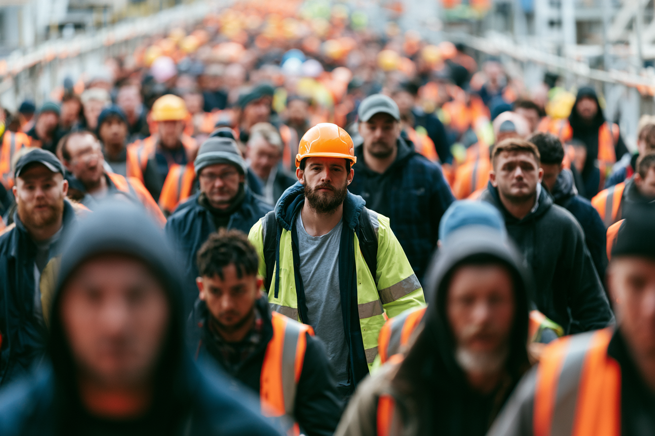 A large group of construction workers walking together wearing safety vests and helmets, with one man in the center wearing an orange helmet and a yellow vest.