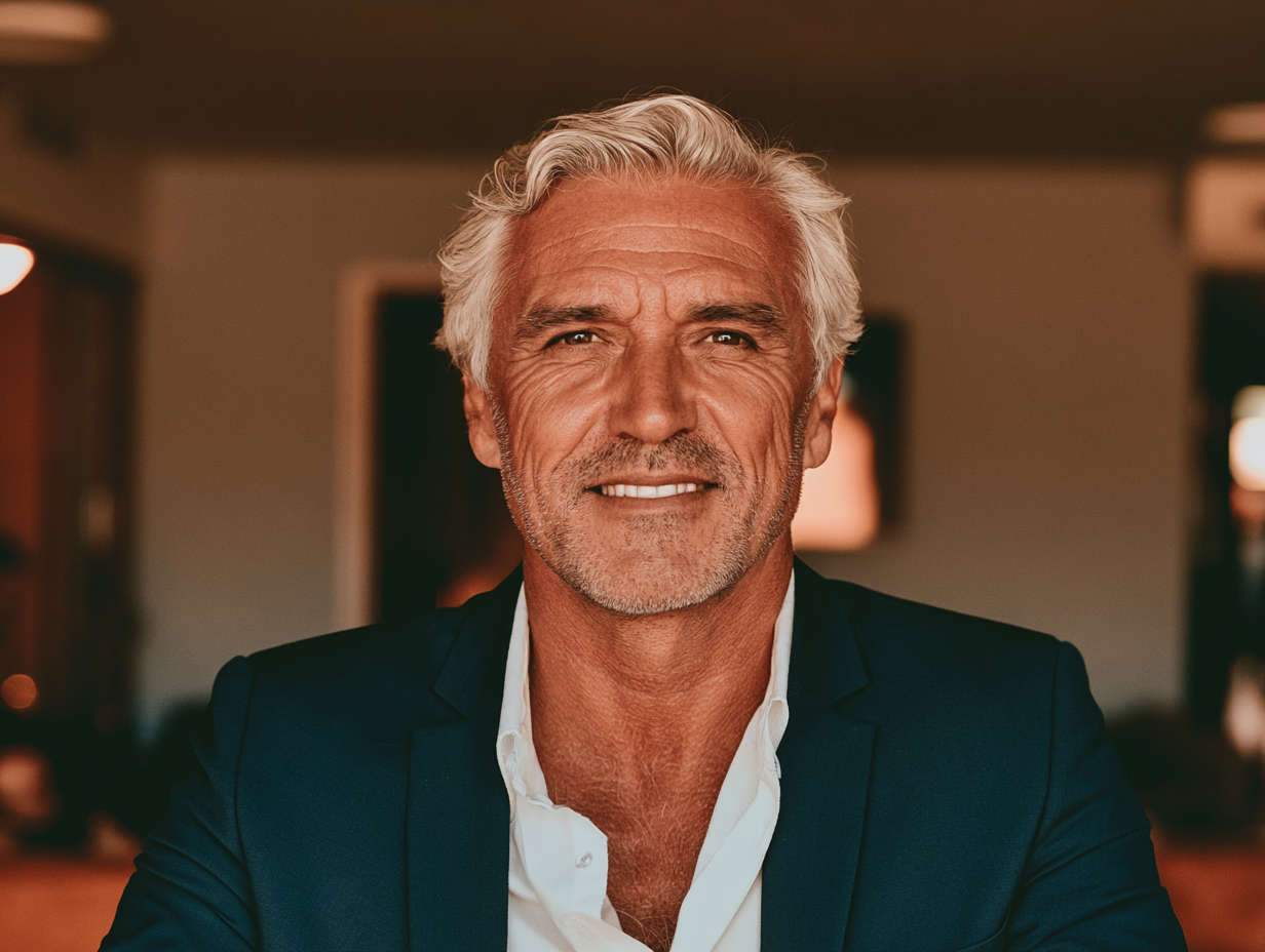 A confident mature man with gray hair, a light beard, smiling, wearing a dark suit jacket and white shirt.