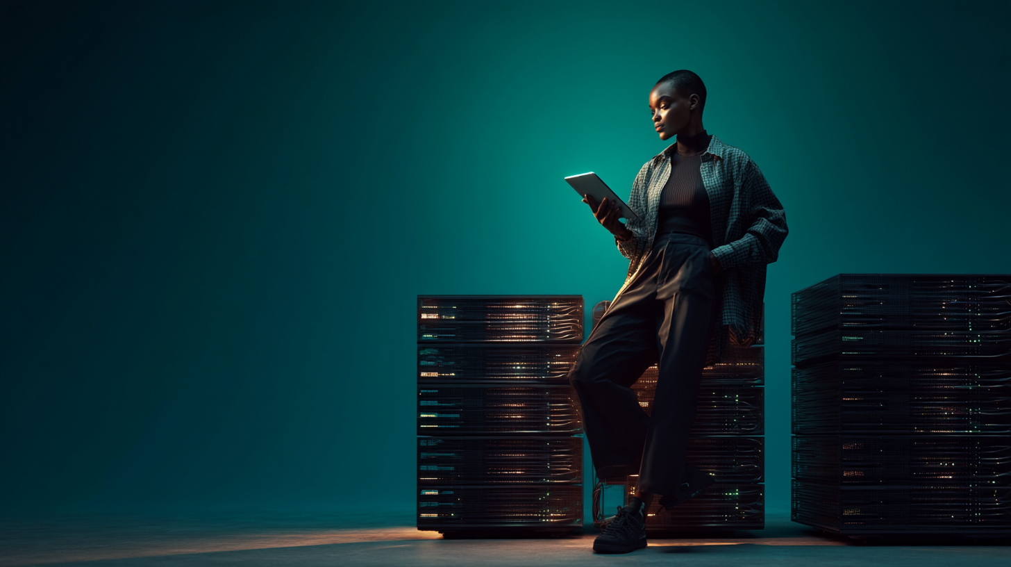 A woman with a short hairstyle wearing a checkered jacket, black top, and loose pants, sitting on a server stack in a tech environment, using a tablet with a dark teal background.