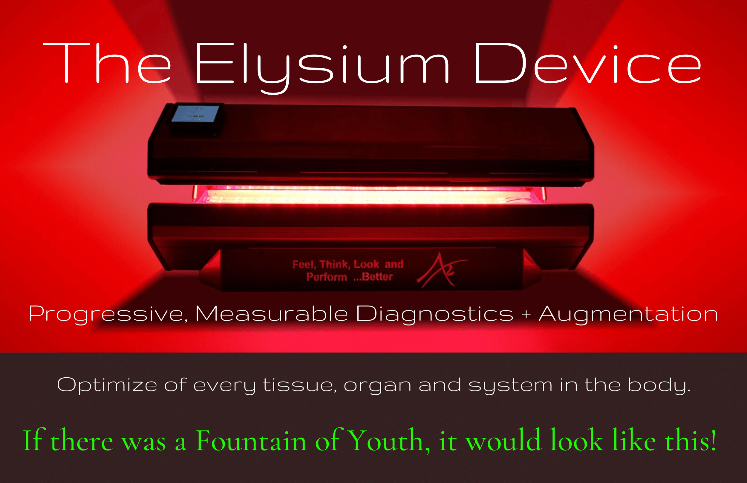 Image of a red photobiomodulation red light LED bed featuring a device called The Elysium Device made by ARRC, which offers progressive, measurable diagnostics and augmentation for health optimization through tissue, organ, and system enhancement.