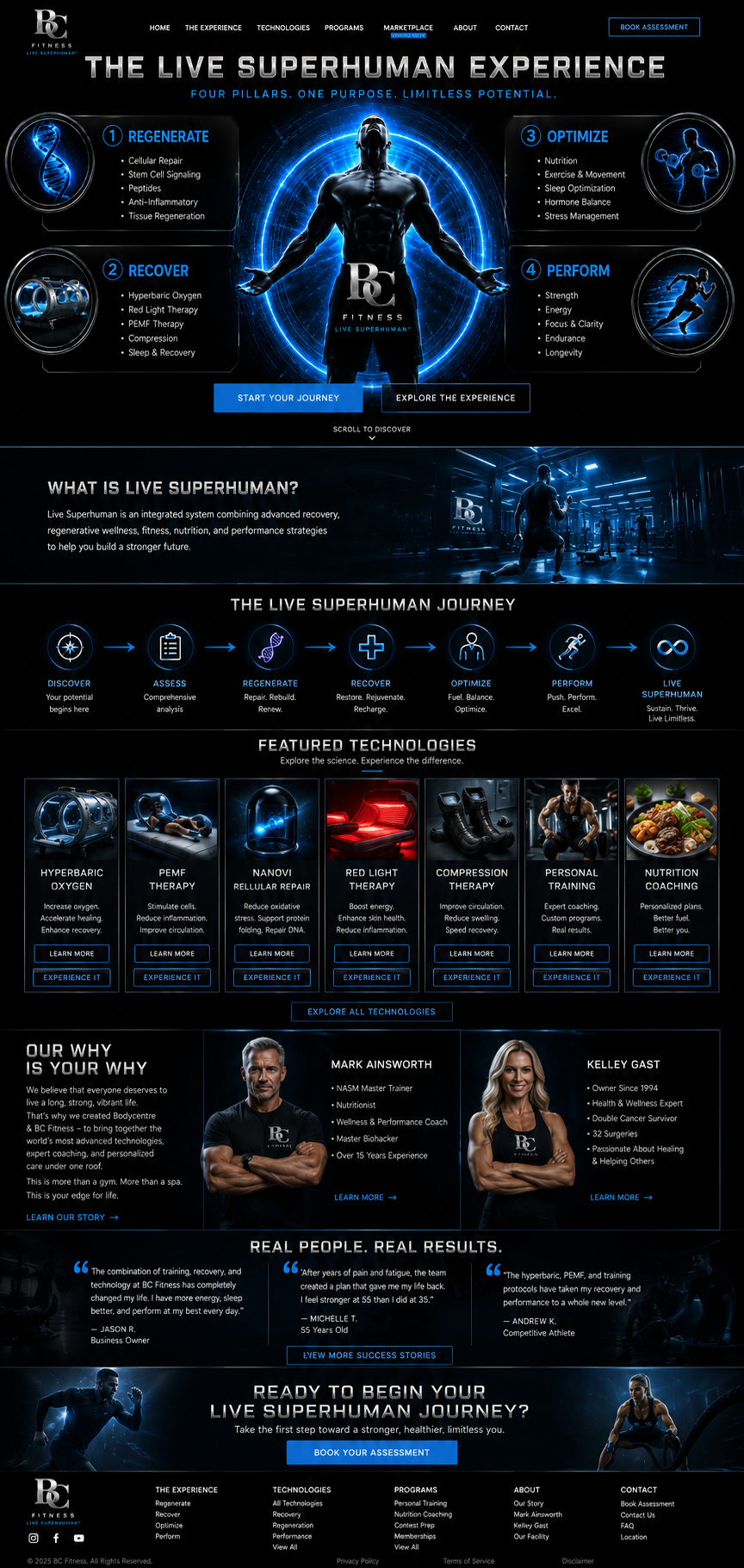 Website homepage for BC Fitness themed 'The Live Superhuman Experience', highlighting four pillars: Regenerate, Recover, Optimize, and Perform. Features sections on technologies like hyperbaric oxygen, PEMF therapy, nanovi cellular repair, red light therapy, compression therapy, personal training, and nutrition coaching. Includes testimonials, trainer profiles of Mark Ainsworth and Kelley Gastro, and calls to action for assessments and exploration of services.