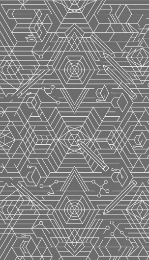 Abstract geometric pattern with interconnected lines, hexagons, and circuitry motifs on a gray background.