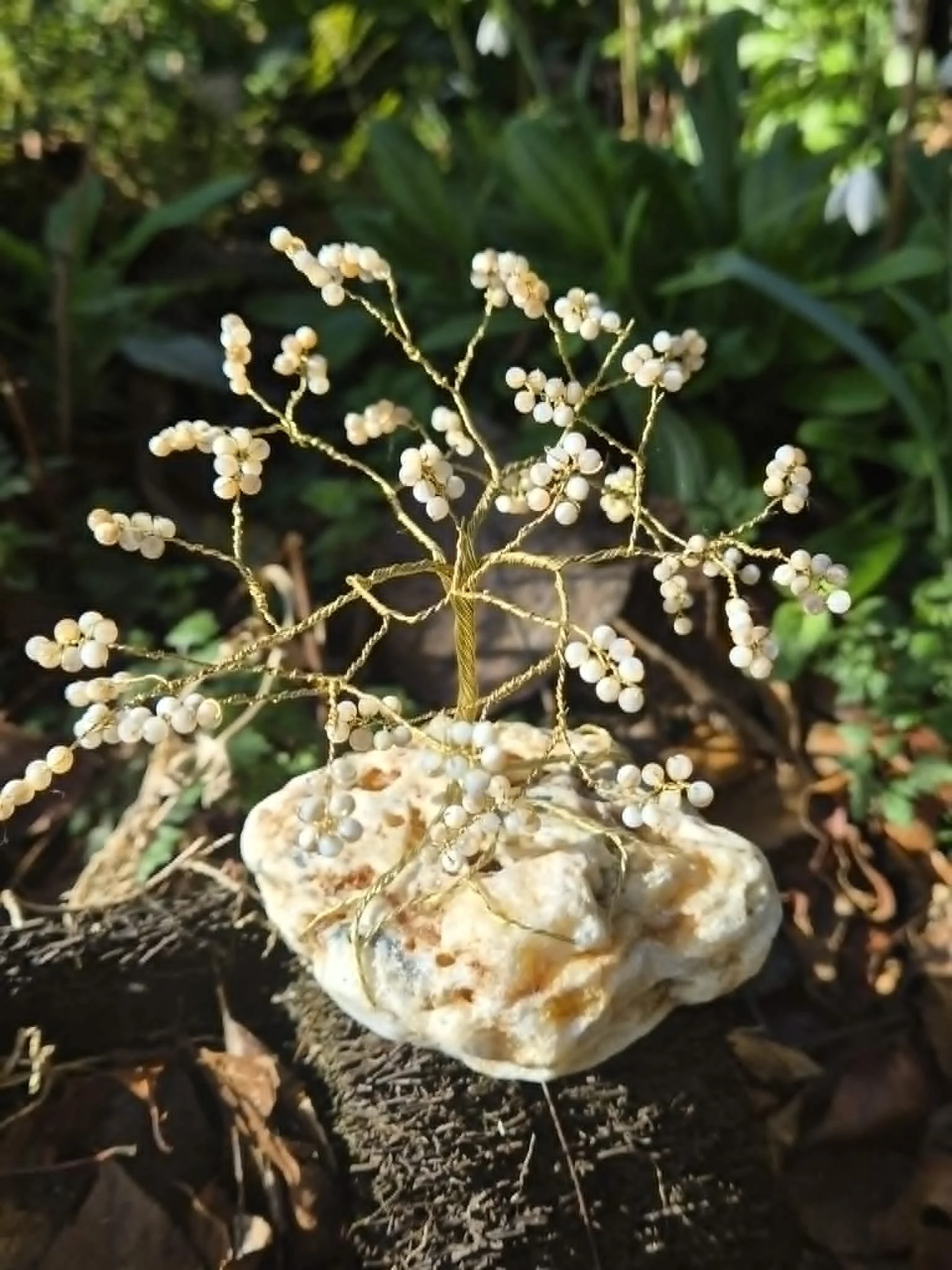 Golden Apricot Wire Tree Sculpture - Natural Stone Base