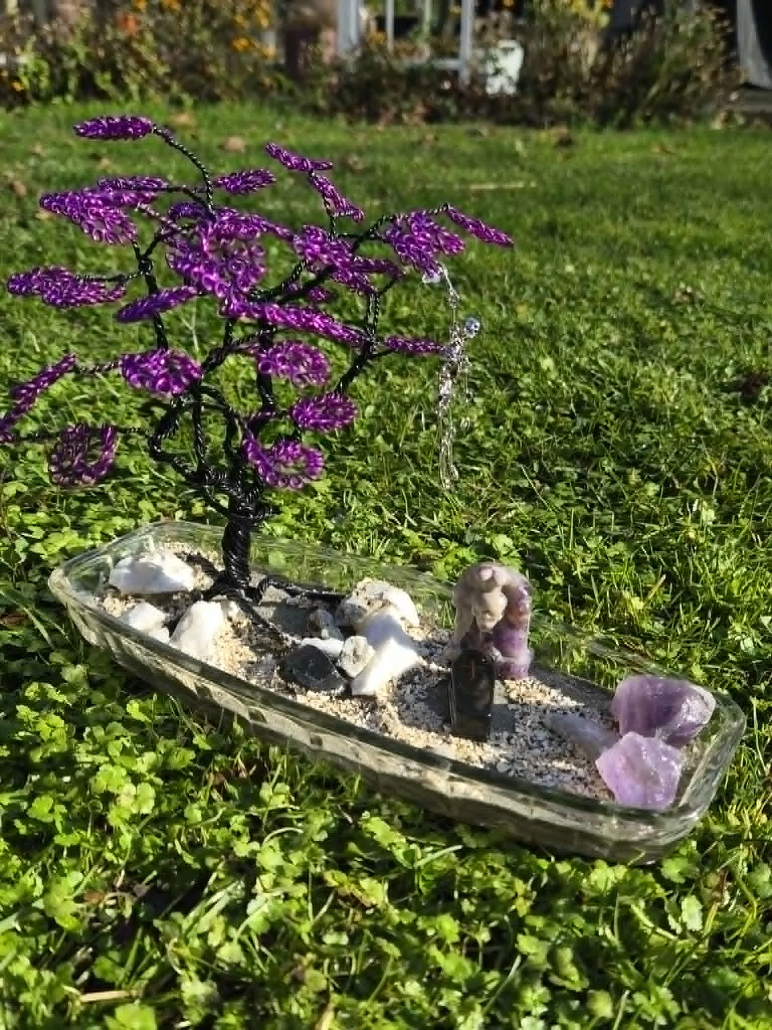 Midnight Amethyst Wire Tree Sculpture - Glass, Rocky and Sandy Base