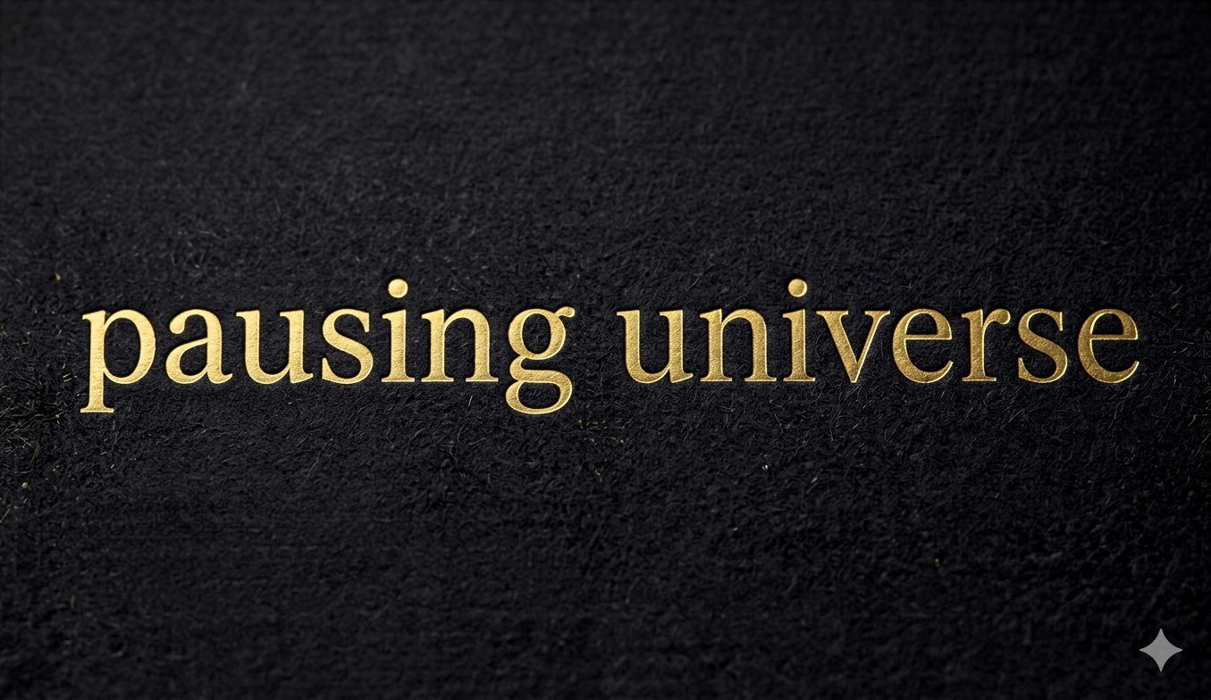 Der Text "pausing universe" in goldener Schrift auf schwarzem Hintergrund.