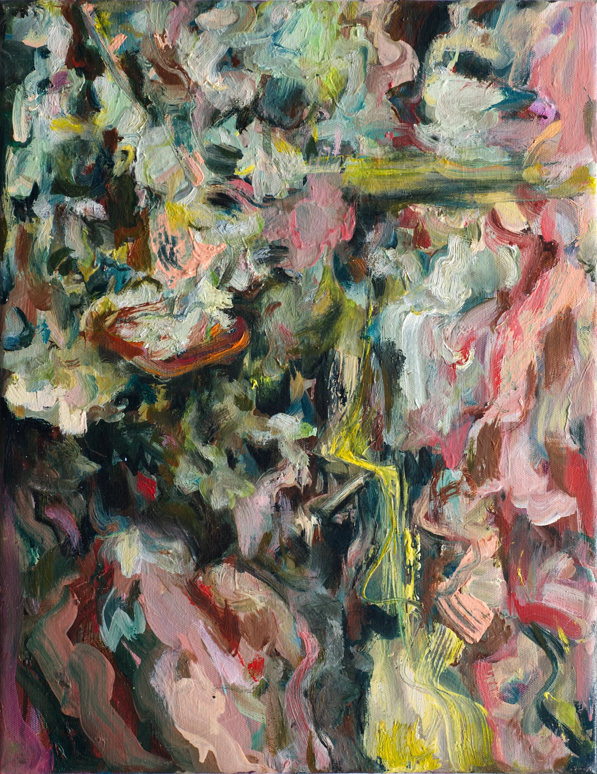 Abstract painting with bold, swirled brushstrokes in various colors including pink, green, blue, black, white, red, and yellow.
