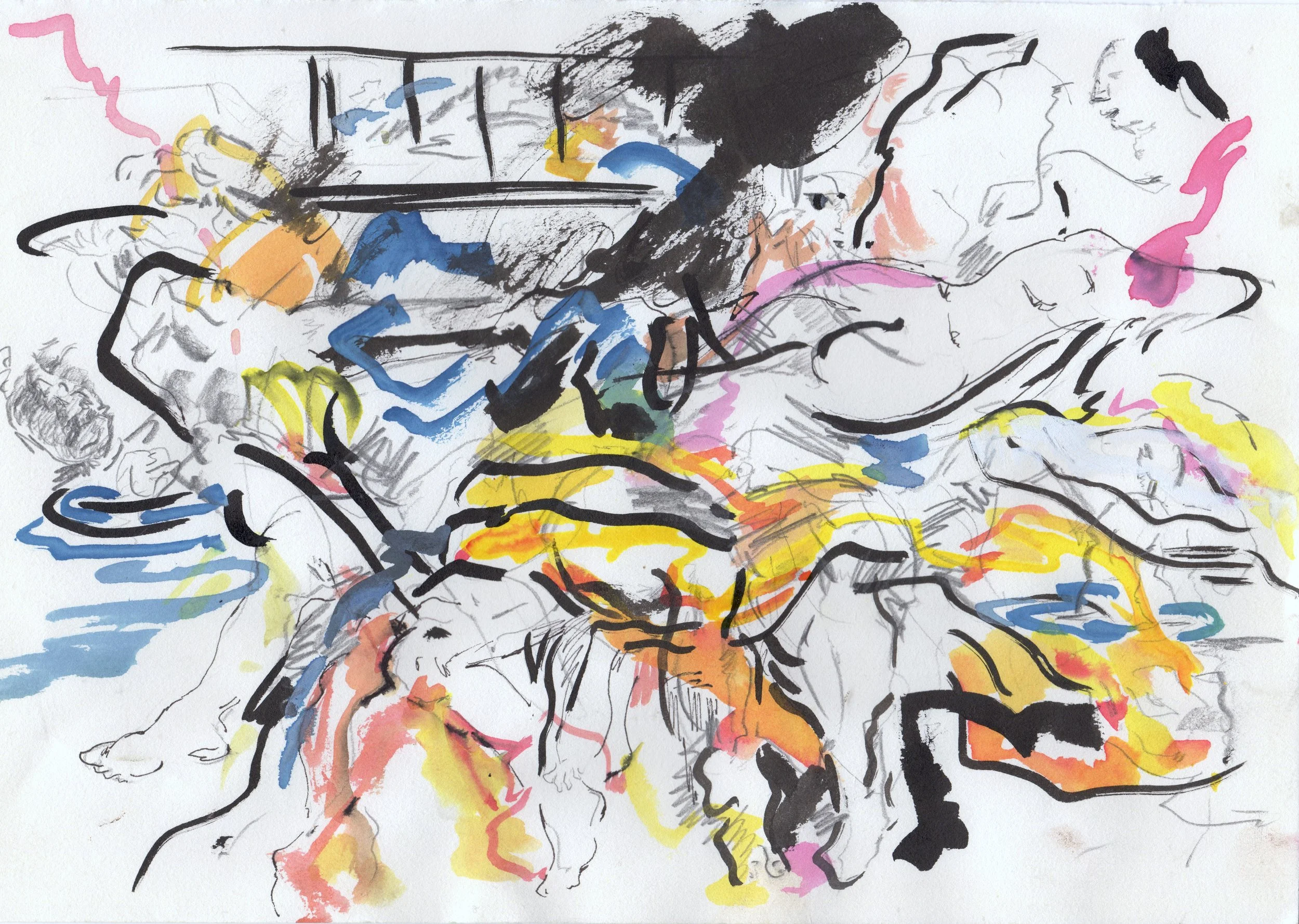 Abstract ink sketch with colorful accents, mainly black lines with splashes of orange, yellow, pink, blue, and green, no specific objects or scene identifiable.