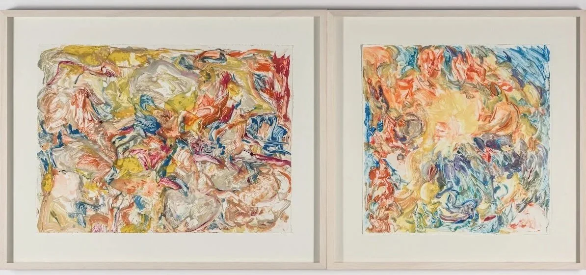 Two abstract paintings with swirling brushstrokes in various colors, framed and displayed side by side.