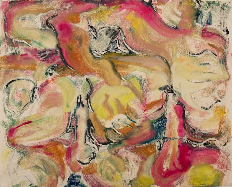 Abstract expressionist painting with swirling pastel colors and black outlines, resembling faces and figures.