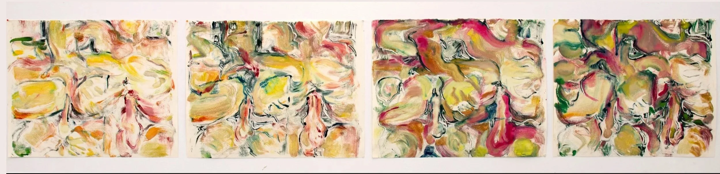 A series of four abstract paintings with swirling, colorful brushstrokes in pastel shades of pink, yellow, green, and beige.