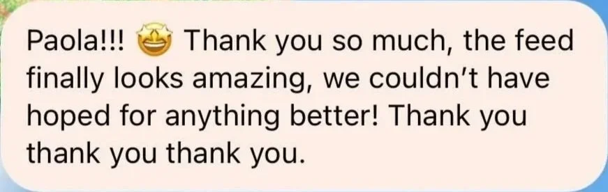 A screenshot of a thank you message mentioning Paola, expressing gratitude for improving the feed, with an emoji of a laughing face with stars.
