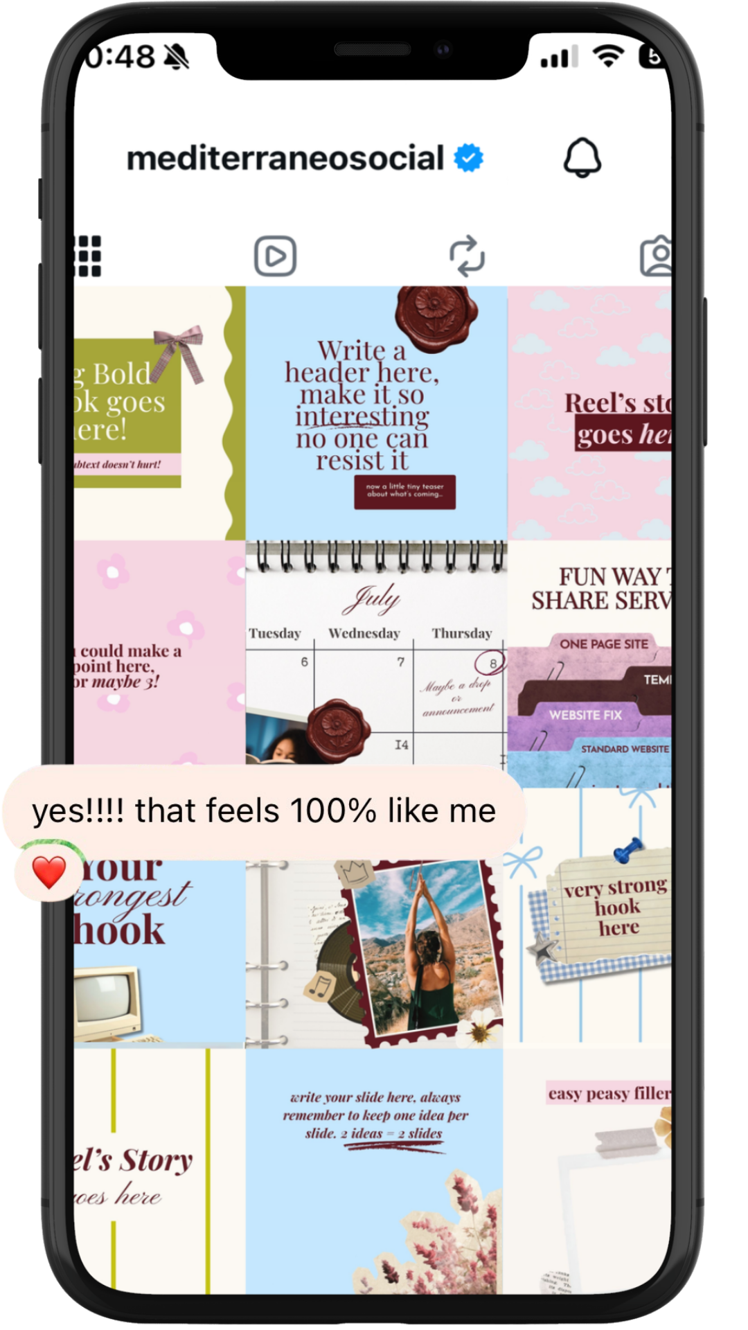 A smartphone screen displays a social media profile of 'prettyonlineclub' with a grid of colorful planner, note, and scrapbook images, and a chat message saying 'yes!!!! that feels 100% like me' with a red heart emoji.