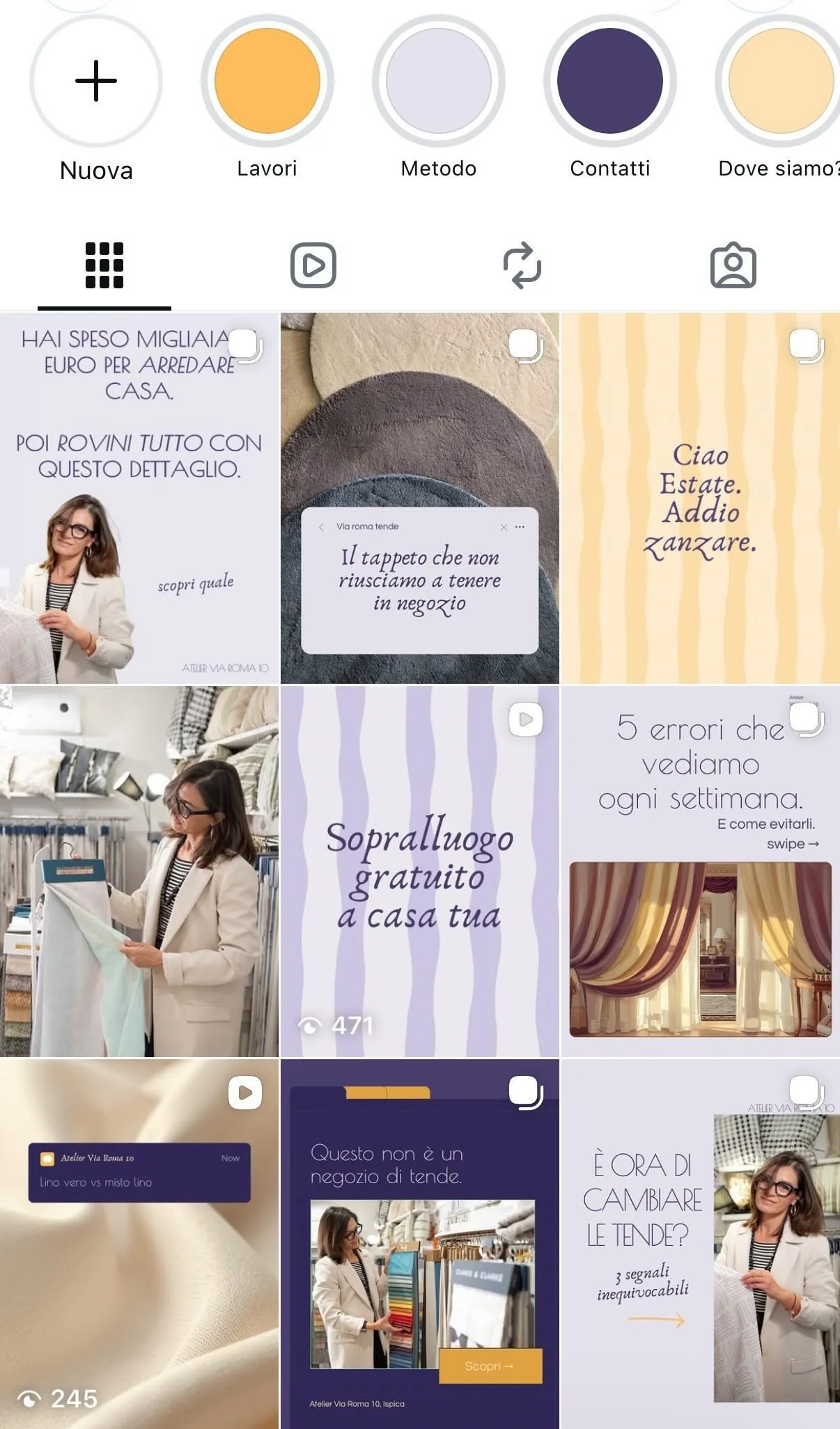 Instagram feed preview for a family-run interiors shop — elevated visual identity with warm tones, repositioned towards a higher-end clientele