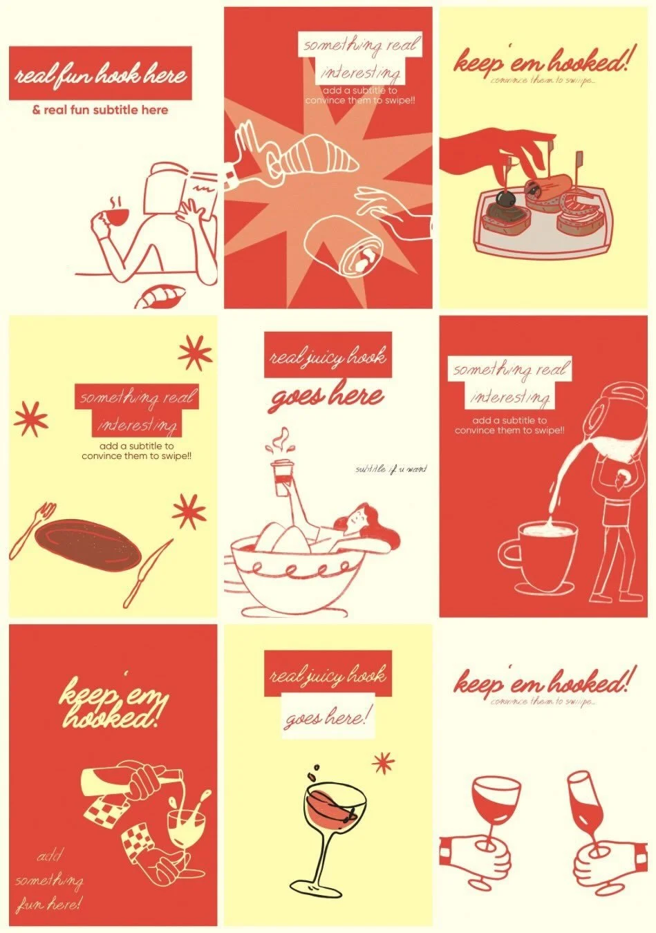 Instagram feed preview for a café — playful red and yellow illustrated templates with a retro palette, designed for reusable weekly content