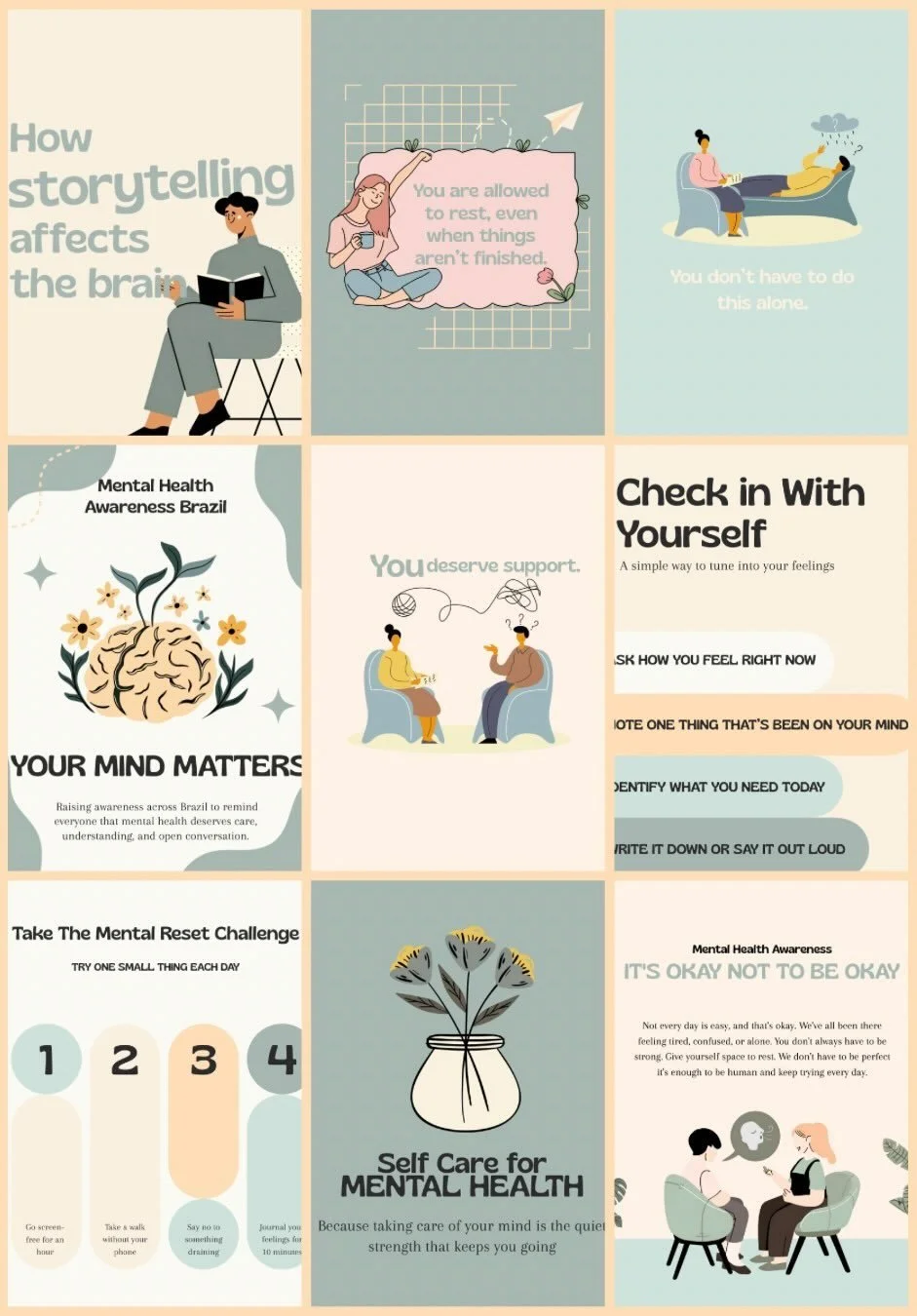 Instagram feed preview for a mental health psychologist — soft illustrated carousel posts and educational content with a warm, approachable visual style