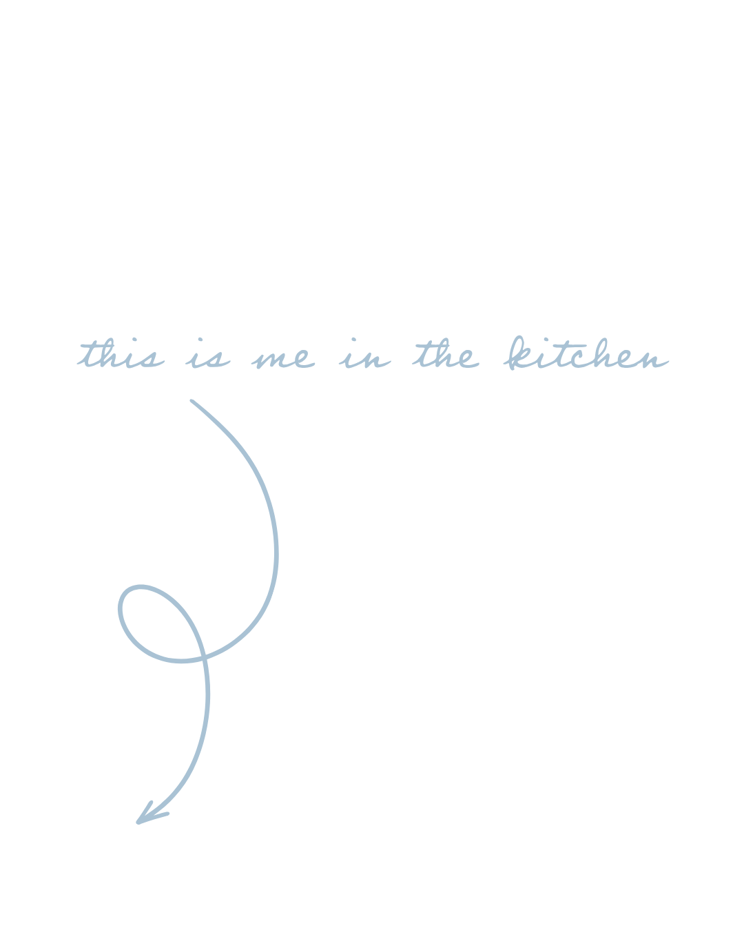 A black background with light blue handwritten text that says "this is me in the kitchen" and an arrow pointing to a small circular illustration of a woman standing by a stove and shelves filled with jars and kitchen items.