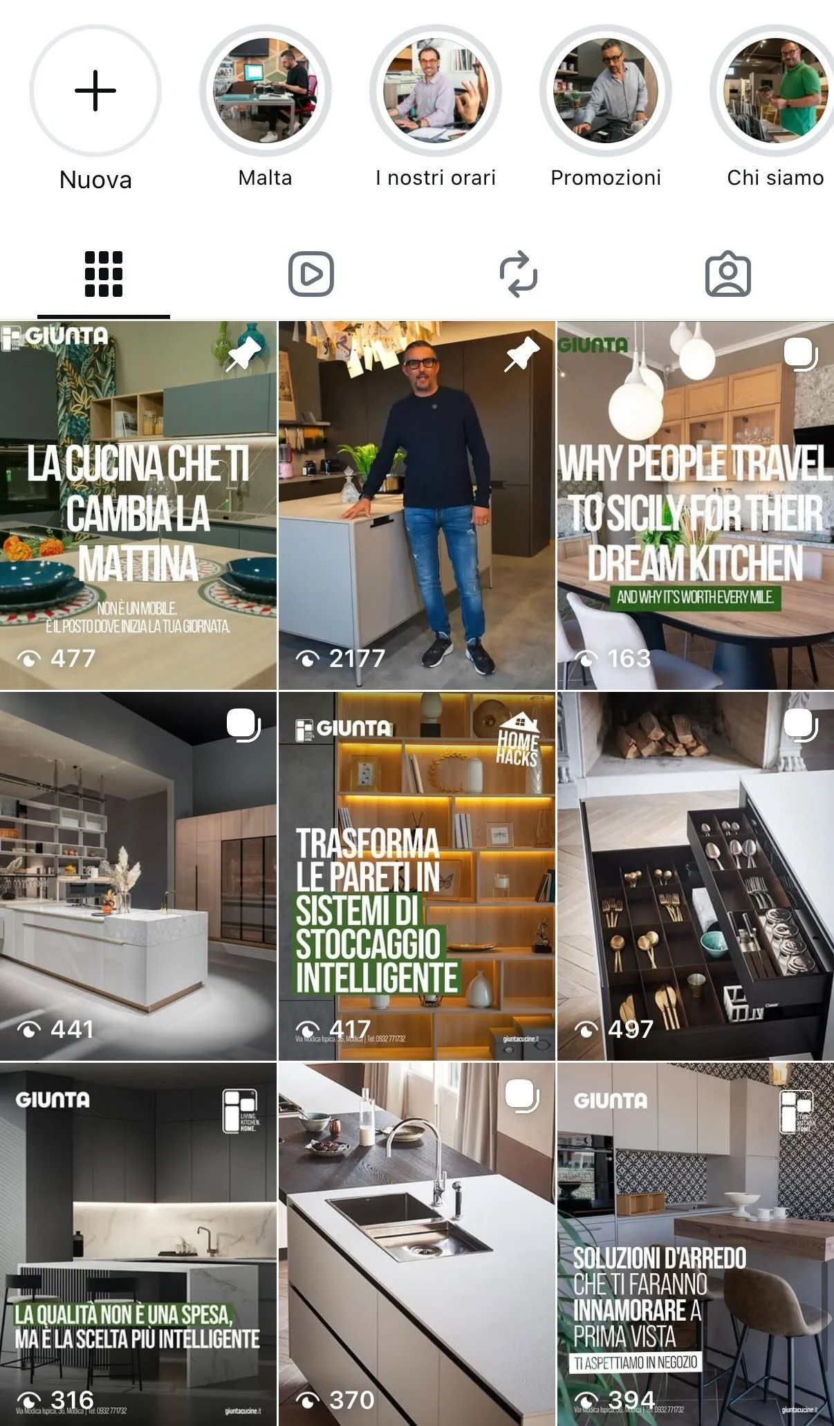 Instagram feed preview for a Sicilian kitchen brand — clean editorial content strategy that generated over €300,000 in quotes from Instagram