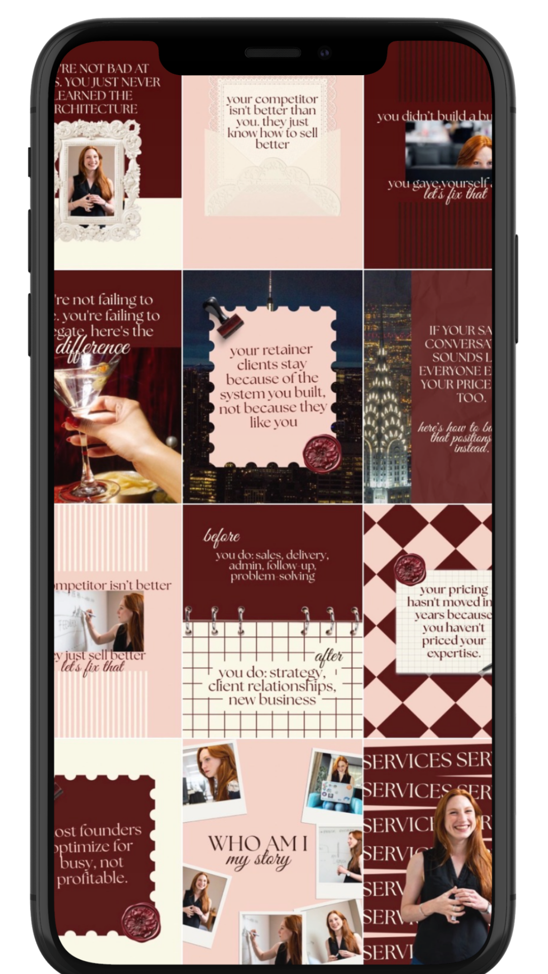 preview instagram feed/grid motivational and business-related quotes, photos of a smiling woman with red hair, city skyline, and Polaroid-style pictures on a smartphone screen.