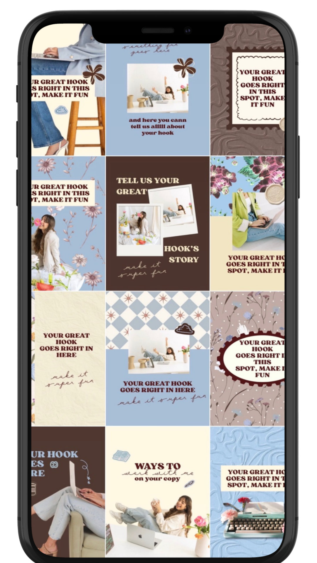 preview instagram feed/grid of colorful crafting and inspiration quotes with images of people, flowers, and creative designs on a smartphone screen.
