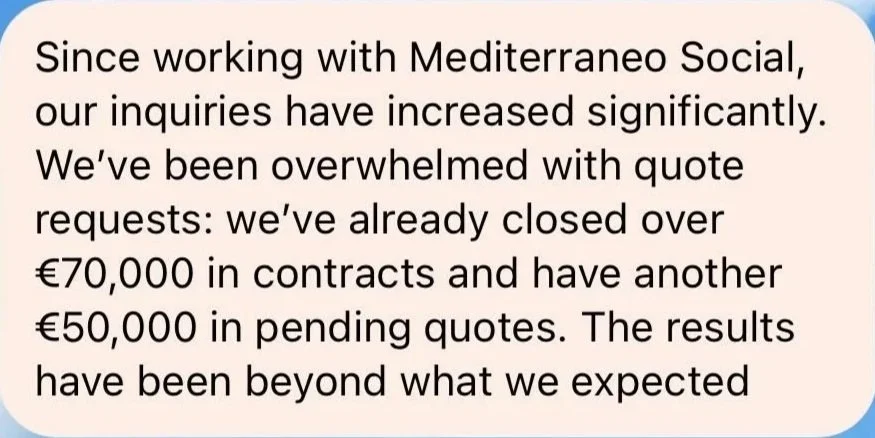 Text message discussing increased inquiries and quote requests, mentioning over €70,000 in closed contracts and €50,000 in pending quotes for Mediterraneo Social.