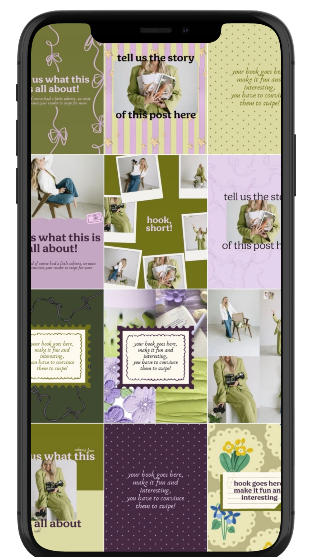 preview instagram feed/grid of various colorful scrapbook or journal pages with photos of a woman, text prompts, and floral and decorative patterns on a smartphone screen.