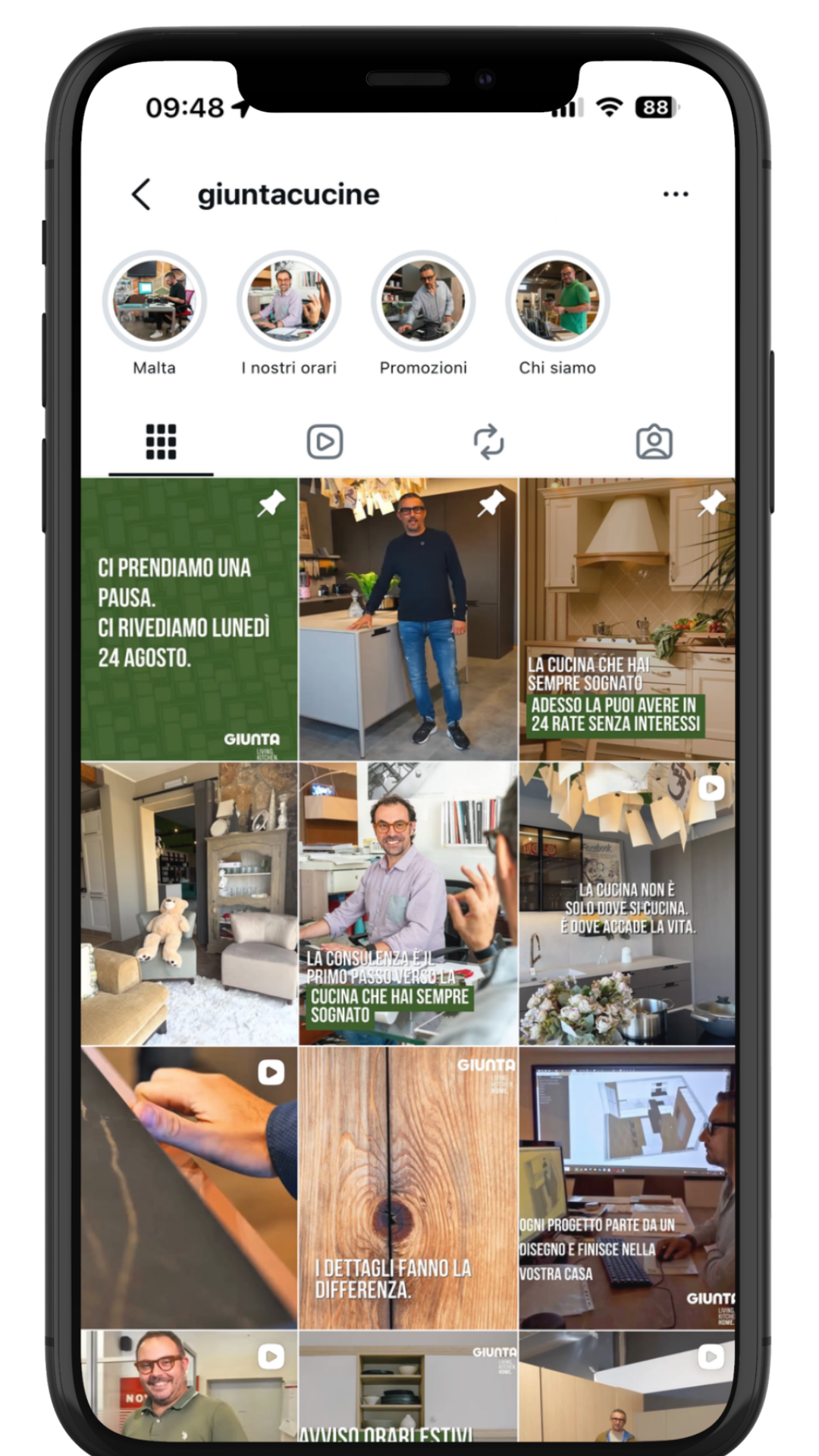Instagram profile page for 'giuntacucine' showing various posts about kitchen designs, promotions, and home decor, with profile highlights including Malta, Our Hours, Promotions, and Who We Are.