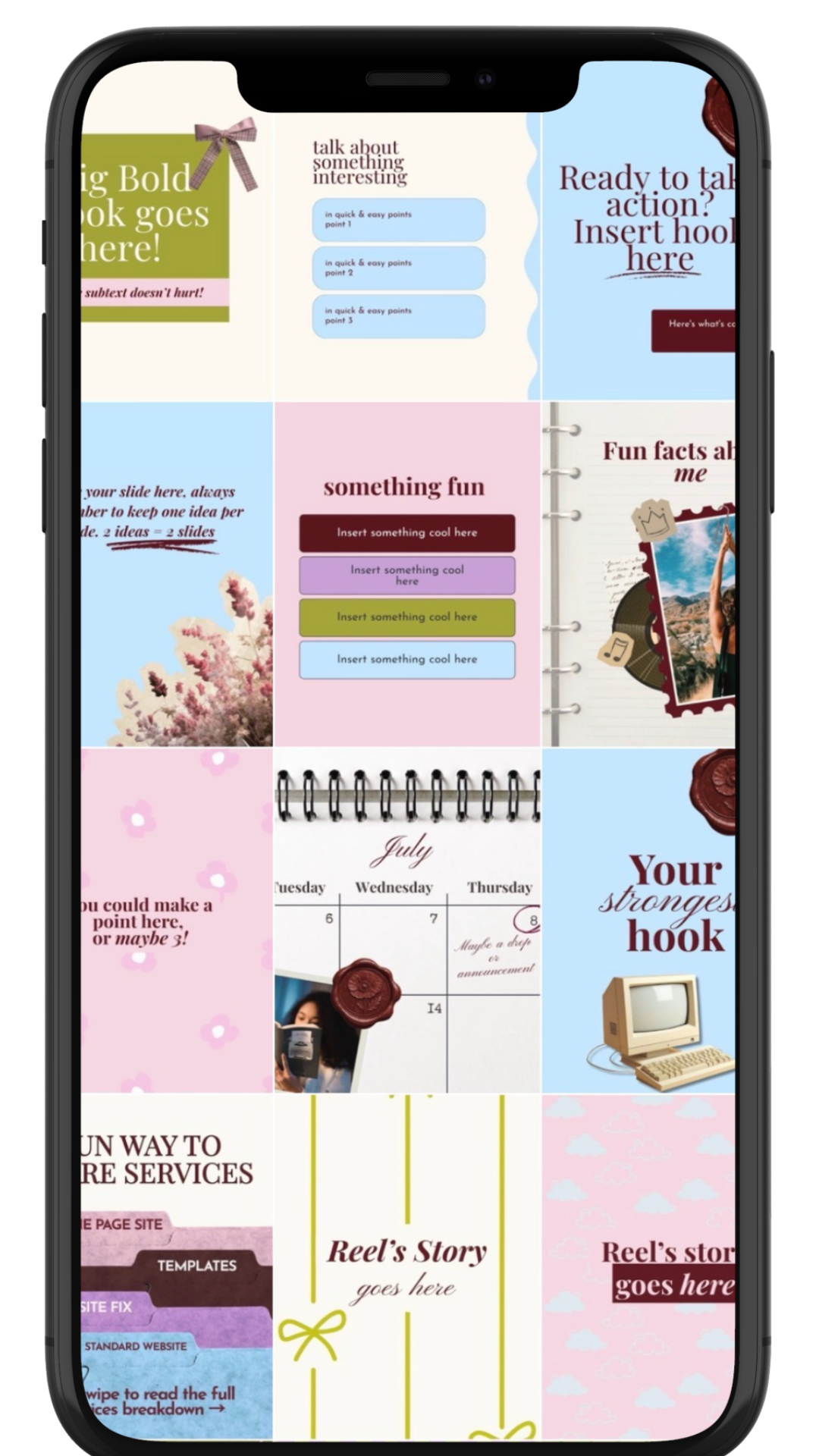 Screenshot of a phone displaying a digital mood board or collage with various images, text blocks, and designs including calendars, notes, and decorative elements.