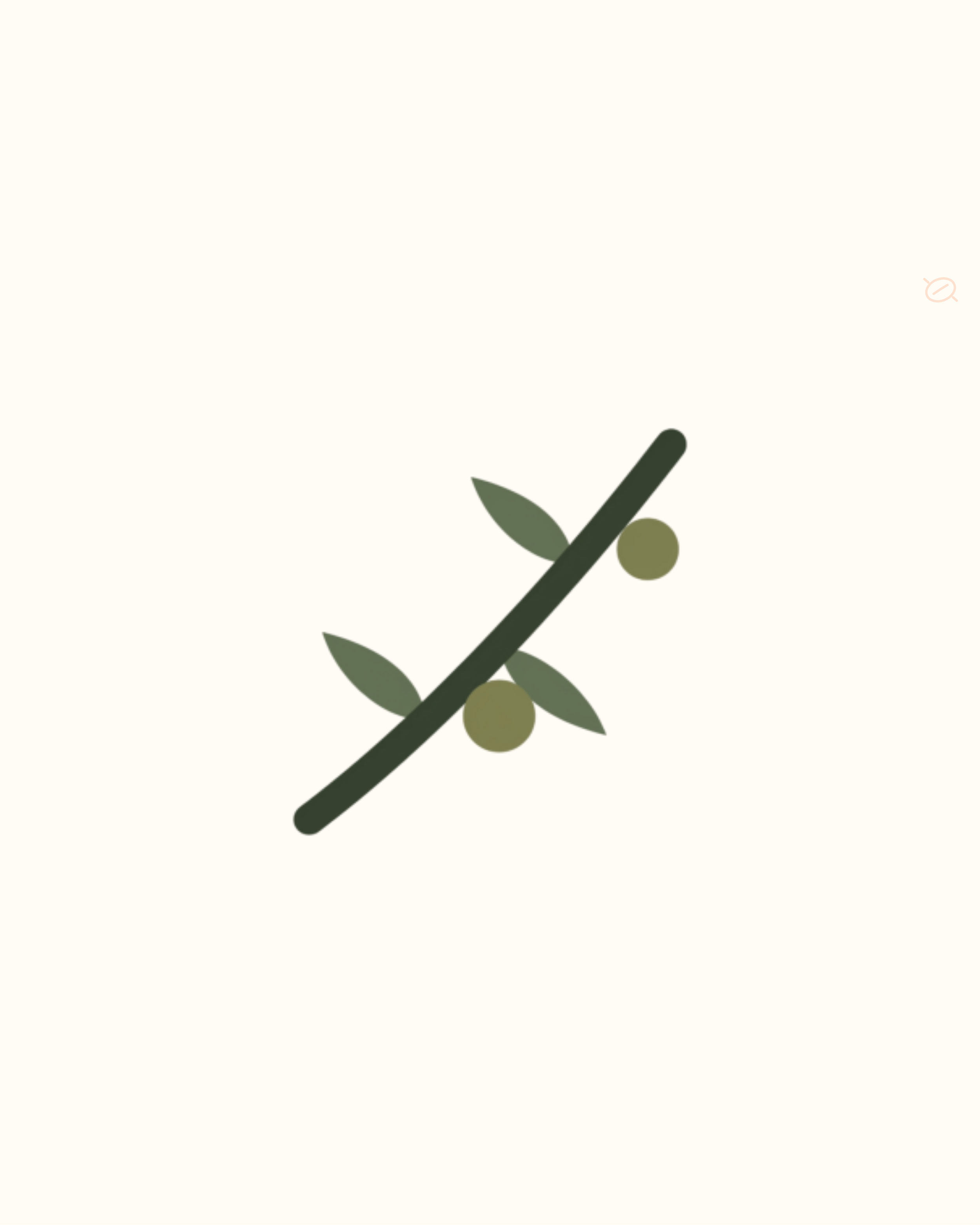 Minimalist illustration of a sprig of olive branches with green olives on a light background.